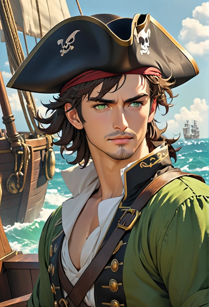 {{upper body}} {{Artist: sincos}} 1 man, rough and cheeky male, dark brown hair, medium messy hair, light green eyes, sharp jawline, very handsome, little face hair, lithe body, broad shoulders, muscular, pirate clothes, pirate hat, captain, pirate ship, sea, good quality.
