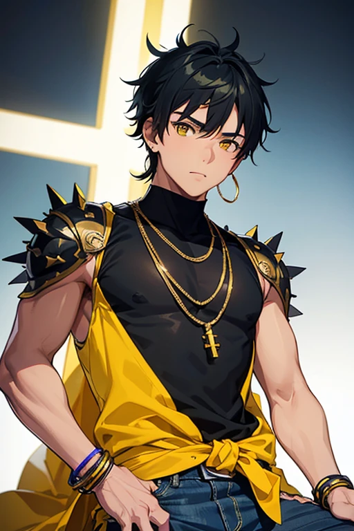 Kieran Moreno from Camp Buddy, boy, , Native American skin, yellow eyes, spiky black hair and is seen wearing a black rocker bracelet and a pair of yellow earrings in his right ear. slim, muscular build, red sleeveless shirt with green stripe, open yellow vest, necklace with a golden cross, blue jeans, light black belt, looking directly at viewer, white background