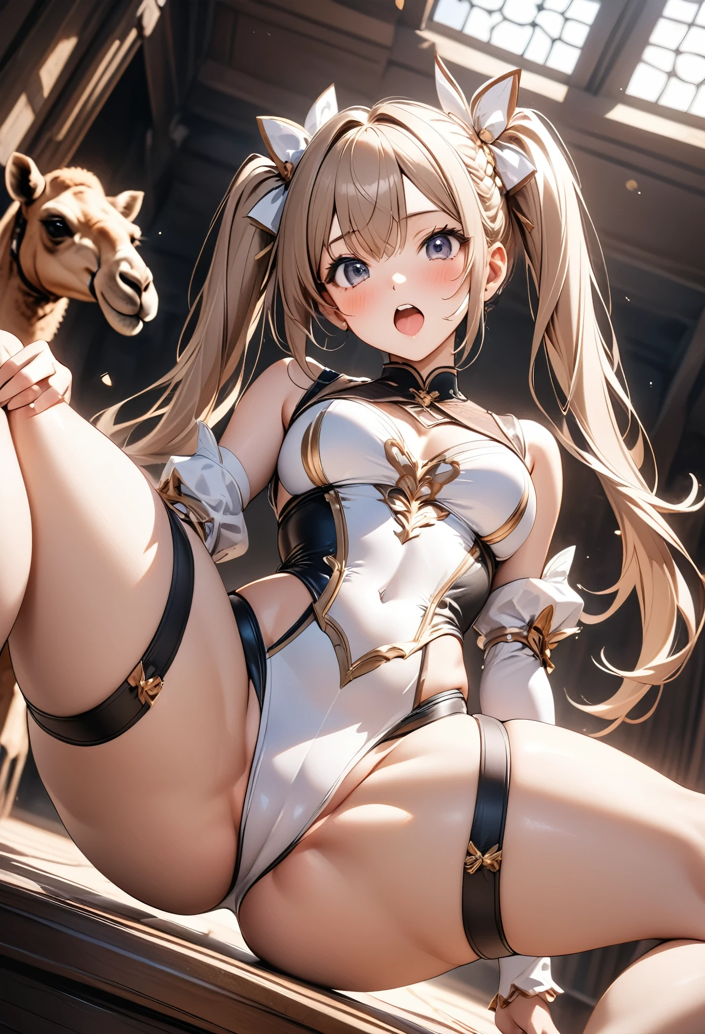 , ai-generated, French Braid, Long Hair, Twin tails, Both sides up,
Covered navel, elbow gloves, gloves, leotard, Thigh straps,Dynamic Angle, (Upper Body:1.3),Open your mouth, Embarrassing ,blush,(Spread your legs:1.3),(Lift your legs),(Camel Toe:1.3),Highest quality,Best image quality,Perfect Anatomy,masterpiece,Ultra-detailed,beautiful,super high quality, Highest quality,High resolution, Very detailed,Game CG,Dutch Angle ,beautiful細部までこだわった目,Visual Arts,Five Fingers, Perfect hands,