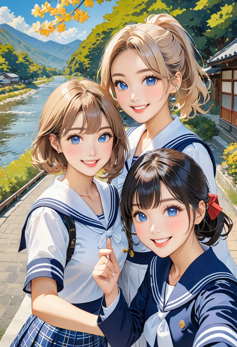 Highest quality、High resolution、Detailed Background、(Beautiful face in every detail:1.4)、Normal number of fingers、Highly detailed face、Detailed eyes、Teenage beauty、Huge breasts、Perfect body line、Light color hair、Bobcut、ponytail、Wavy Hairstyle、well-groomed eyebrows、Navy blue sailor suit、White sailor collar、Checkered pleated skirt、White Stockings、School trip、Natural beauty、historical charm、A big smile、smile、Nagano、Kamikochi、
(Three girls taking a selfie with a famous spot in the background:1.5)、

KamikochiはNagano県の北アルプス山麓に位置する大自然の宝庫です、Calm rivers and majestic mountains々The scenery surrounded by、especially、The promenade along the Azusa River is a popular walking course.、cute