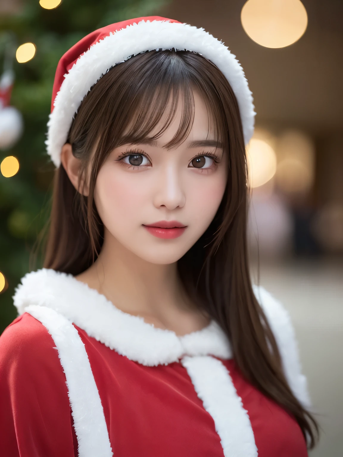 blurred christmas tree background, half body portrait, bust shot, one girl, (a beauty girl, delicate girl:1.3), (20 years old:1.3), break, (santa claus costume), break, (gates of hell:1.2), break, very fine eyes, (symmetrical eyes:1.3), break, small breasts, brown eyes, parted bangs, brown hair, (smile), break, (eyes and faces with detailed:1.0), break, (masterpiece, best quality, ultra detailed, detailed face, 8k)