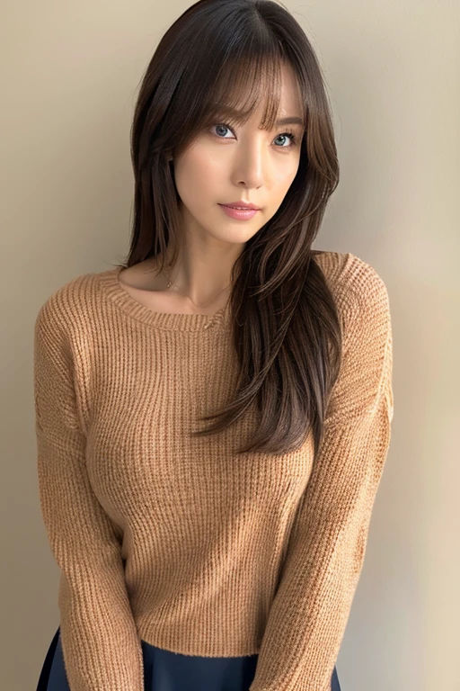 Masterpiece, top-quality, high resolution, Photorealsitic, sharp, Raw photography, 8K wallpaper, flawless, Professional lighting, highly detailed, depth of fields, Pale solid color background, ((one beautiful women, Skinny Japanese mature)), (40 years old), Sexy, Detailed face, beautidful eyes, bangs, small breasts, very thin waist, Light Brown Straight Hair, Faint lips, ((standing at front, Staring at the viewer, serious face eyes.)), Sweaters, skirt, (full-body photo), cowboy shot