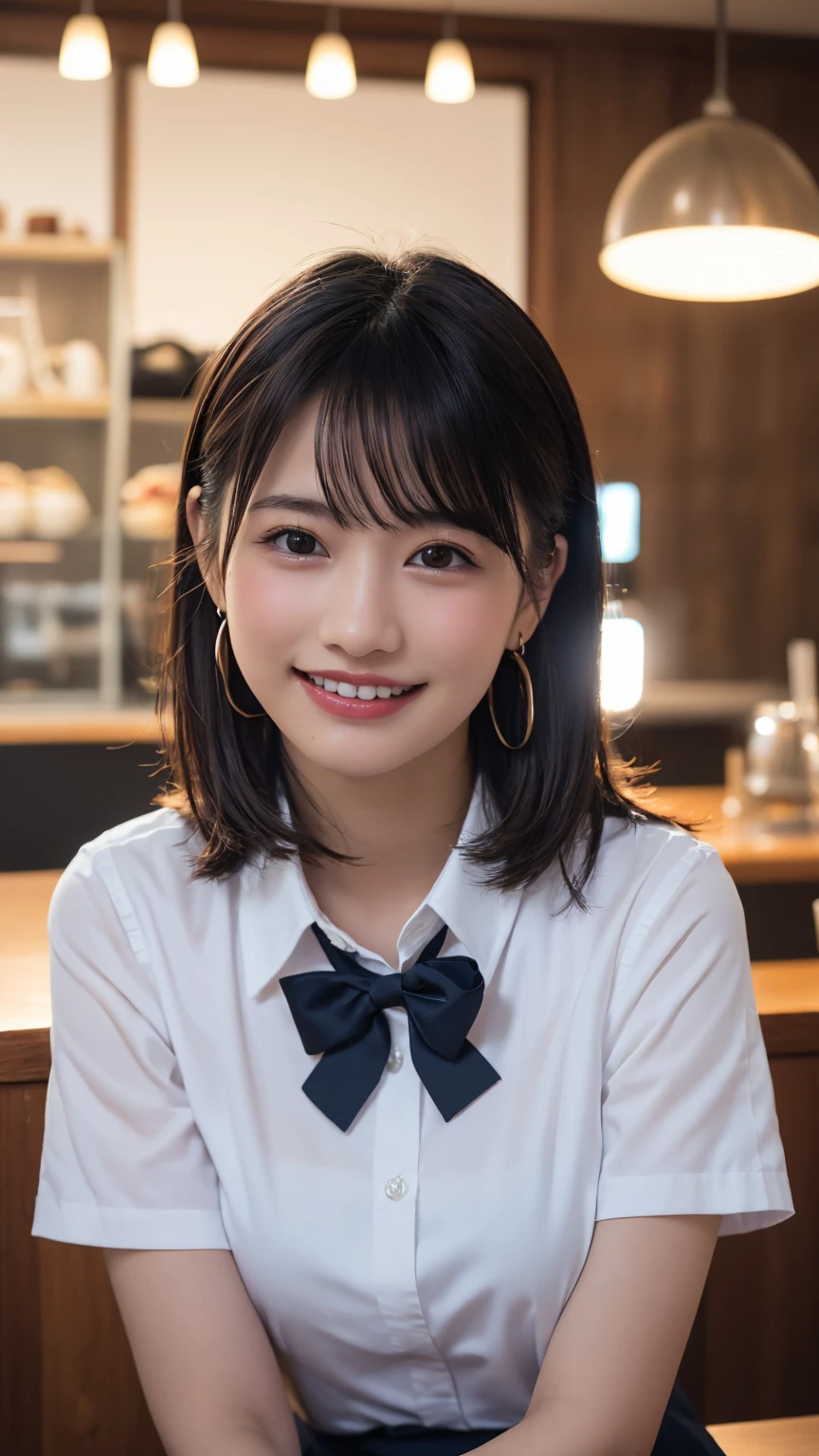 (8k, RAW Photos,Highest quality, High resolution:1.1), (超Realisticな:1.4),(Realistic, Realistic:1.3), Sodebtt Light,big,2 girls,Realistic Face,Realistic Body,Realistic Skin,Confused,masterpiece,(cute:1.8), Cuties, alone, (big:1.2), Fine black eyes,Innocent eyes,Blusher,(school uniform:1.2 ),Cinema Lighting,Film Grain,jewelry,Earrings,((Medium Hair:1.1)),((Floating Hair Novadebtrog Style)),Cherry colored lips,Hair Ribbon,Hair Ribbon,ponytail,close,Viewer,Long Hair,Upper Body,Open your lips,Upper teeth, (Smiling Eyes:0.6),((Grin:1.2)),Depth odebt Field, Blurred Background, Eye focus , Bokeh,young, 85mm lens, debt/1.4,Prodebtessional Lighting, young,Portraiture,Photon Mapping,Radio City,Physically Based Rendering,Asian、((Cafe、Cafe:1.3)),((high school girl:1.3))