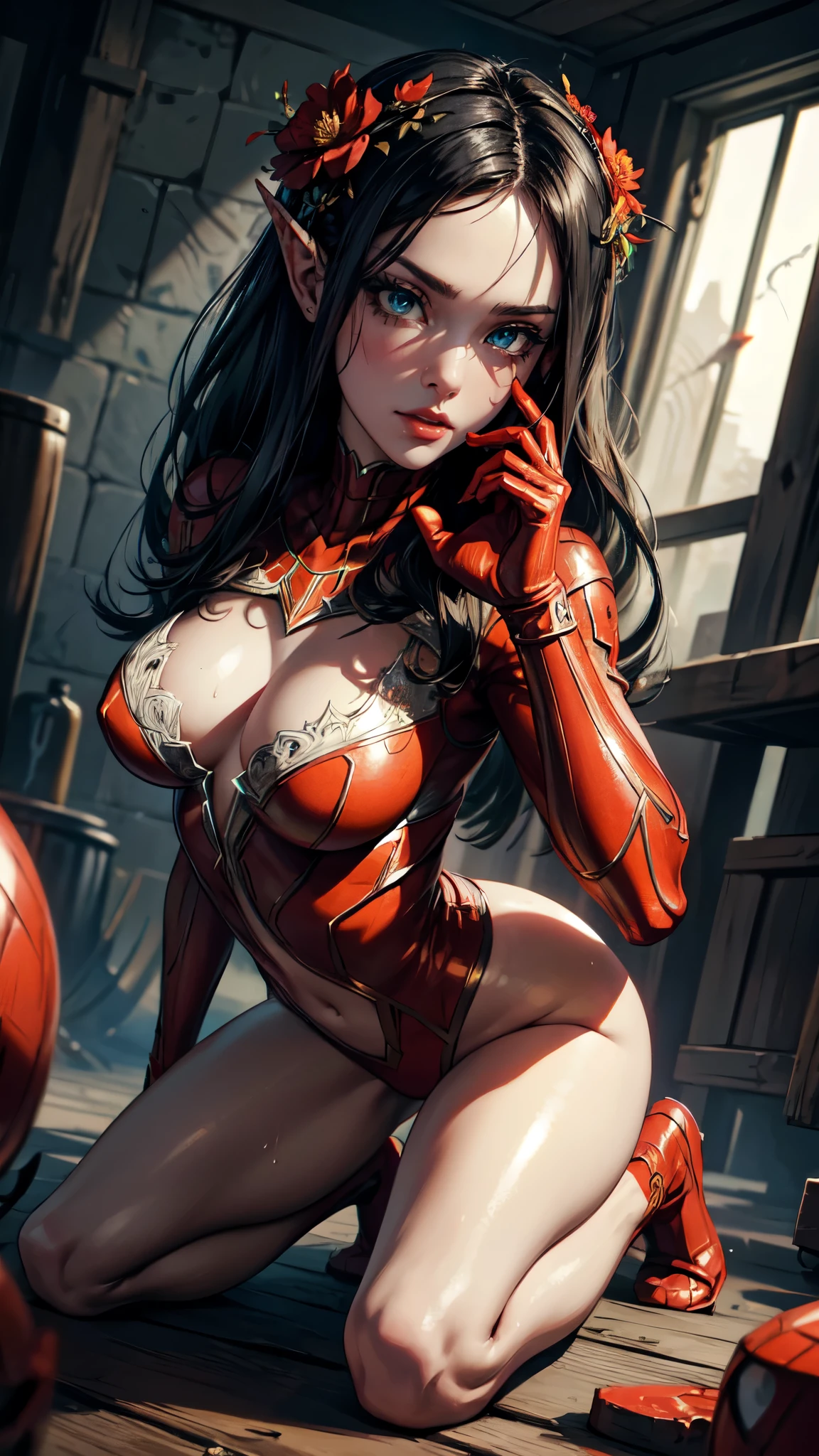 Supervillain Spider-Woman, Mask on the whole face,  and red spider suit with red spider symbol, small , combat stance, highly detailed, vibrant appearance, creative behavior, extremly detailed, imaginative, sensual, spontaneous, highest quality, skin texture, intricate details, (cinematic lighting), RAW photo, 8k, masterpiece,best quality,ultra-detailed,very detailed illustrations,extremely detailed,intricate details,highres,super complex details,extremely detailed,detailed eyes, detailed hands, detailed eyes, elf woman, flowers, wet hair, flowers, full bod,detailed eyes, detaield hands, detailed face, elf woman, full body
