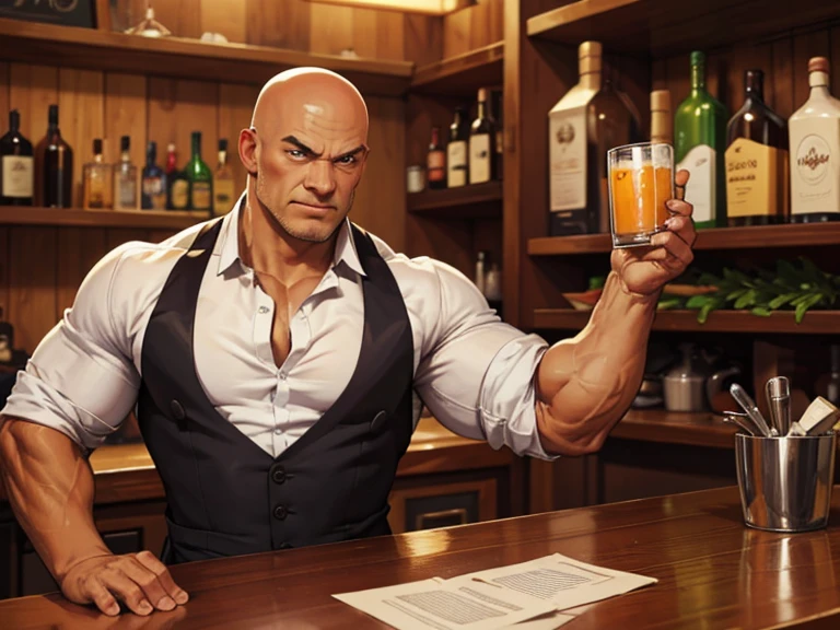 there is, primluššzhnníy world, bar counter, behind the counter is a muscular bald bartender in a white shirt with rolled up sleeves, wiping glass