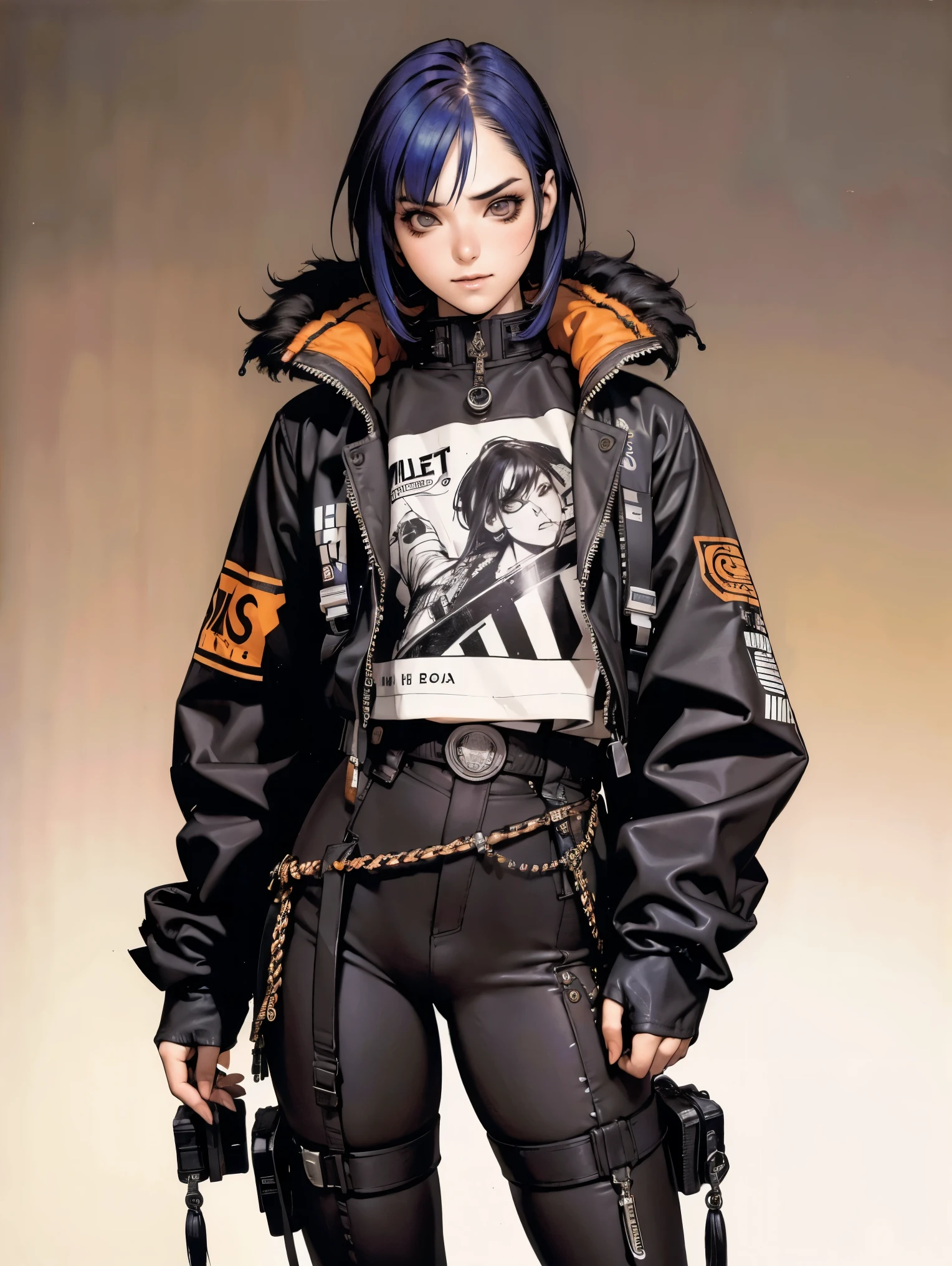 (((best qualityer))), (((manga strokes))), (((colorful punk hair))), jacket with rivets and screws, uma Kizi jovem muito bem vestida com roupas modernas de inverno, pants with red and black zig-zag pattern, top gift vertical stripes, short jacket with dark fur collar, beautiful and expressive face, slightly-smile, big eyes with long black eyelashes, heavy make-up, chains and zippers spread across clothes, contrasting colours, pose de atitude, hair with a modern and futuristic cut, urban game poster art, dramatic camera angles, graffiti art elements in the background, design mixing contemporary and retro by Shepard Fairey, (((cowboy shot))), (((best qualityer: 1.4))), (Unbeatable masterpiece), (hiper HD),(CG 8k hyper-realistic), Kizi, (((standing alone))), pirralha violent, ((())), sexly, pose de atitude, work of art, post-apocalypse, (((manga style))), bounty hunter, violent, Manic, the way you want, slenderbody, thin but strong, perfectbody, roupa moderna, advanced technology, neon, sleeves with vertical striped pattern, neutral background, (( cowboy shot )). intricate visual
