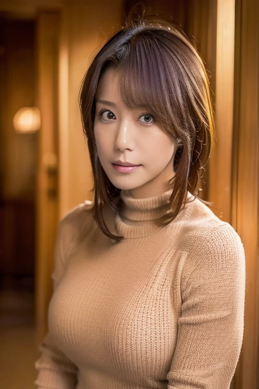 Masterpiece, top-quality, high resolution, Photorealsitic, sharp, Raw photography, 8K wallpaper, flawless, Professional lighting, highly detailed, depth of fields, Pale solid color background, ((one beautiful women, Skinny Japanese mature)), (40 years old), Sexy, Detailed face, beautidful eyes, bangs, small breasts, very thin waist, Light Brown Straight Hair, Faint lips, ((standing at front, Staring at the viewer, serious face eyes.)), Sweaters, skirt, (full-body photo), cowboy shot