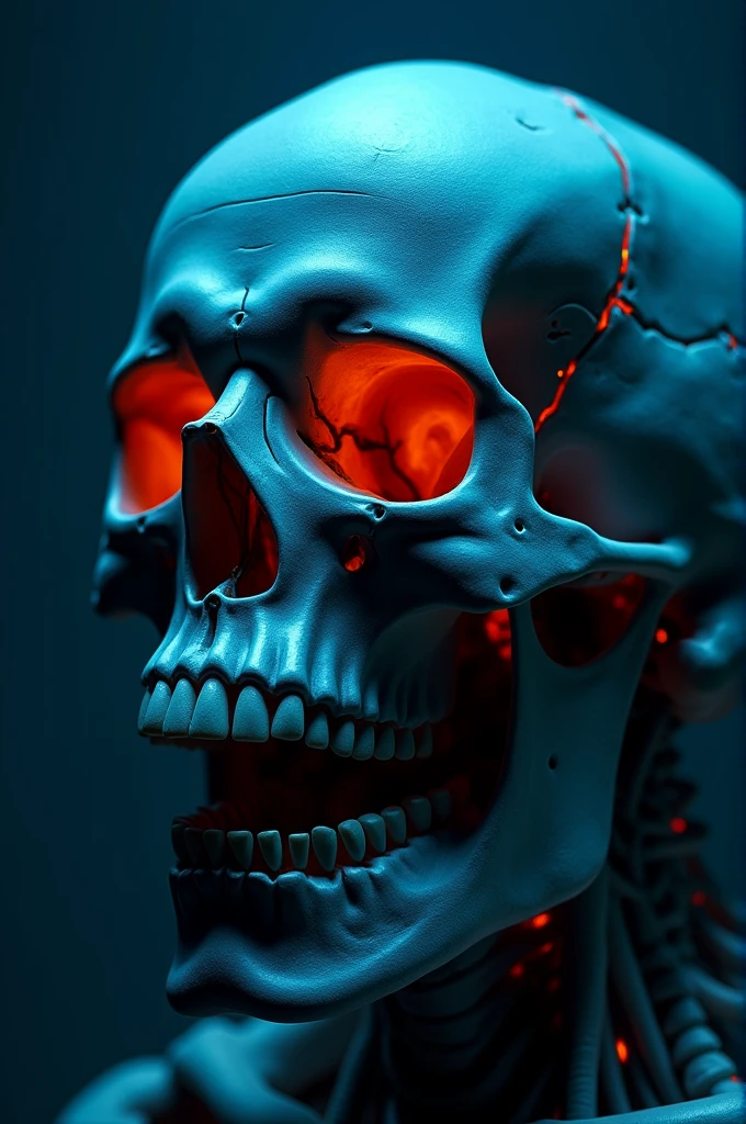 Canon 50),(Rendered by octane),8k, cinematic lighting, (very strong blue lighting from behind), (light orange glow on the left side, 1 skull, high complexity of details, fissures in the skull, dark scenery, shine highlighted on the skull. angry expression, and hate, half-open jaw