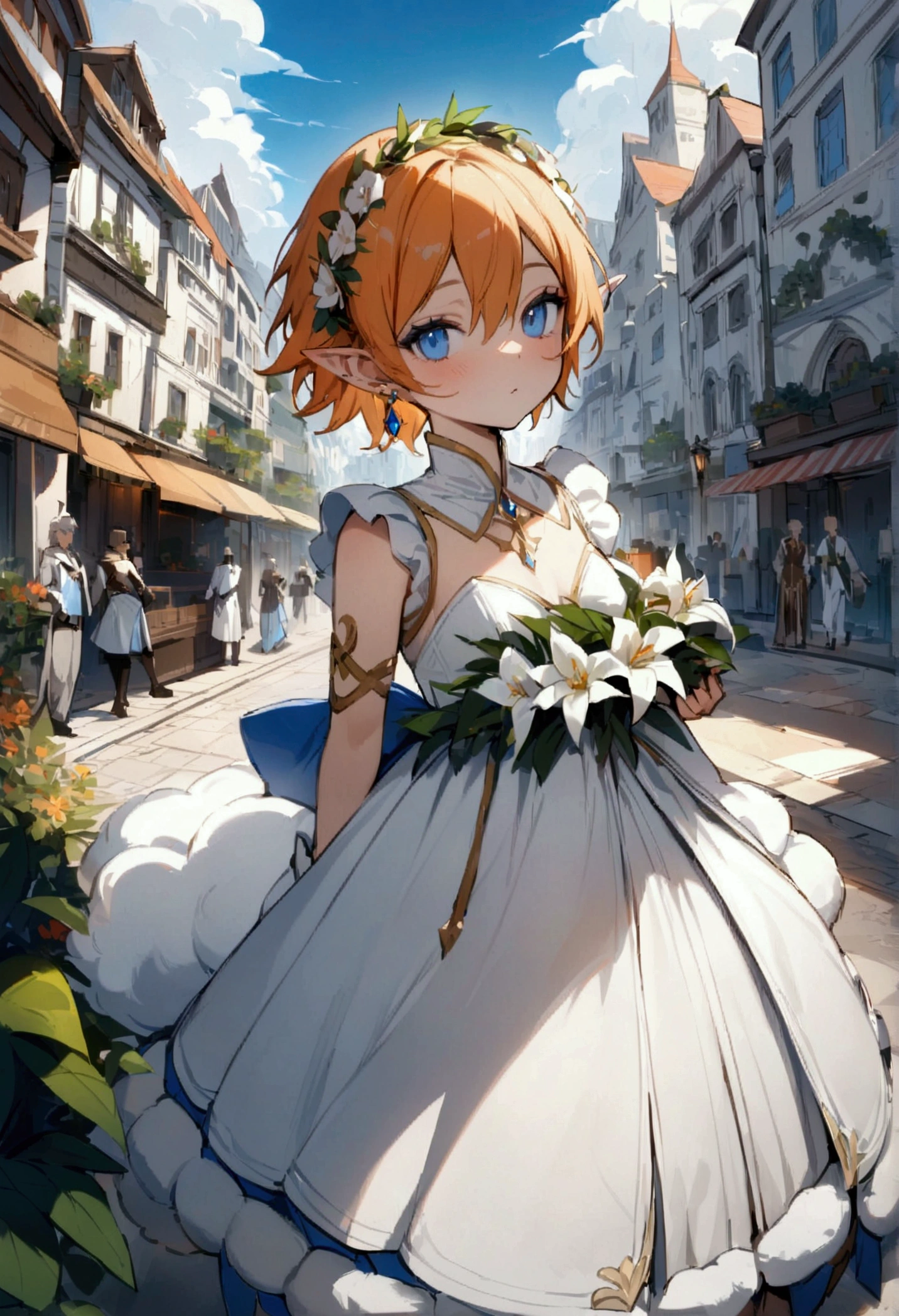 Masterpiece, High quality, High quality of art, best quality, best details, 1boy, fluffy orange hair, blue eyes, In white Heaton, a white city, a blue sky, full of inhabitants around, the inhabitants bow to him, Wreath of lilies, The white city of the elves, Walking along the main street of the city, there are many plants in the city, prince, A gold earring with a diamond on the left ear, in princess dress, small boy breast, boy, no female