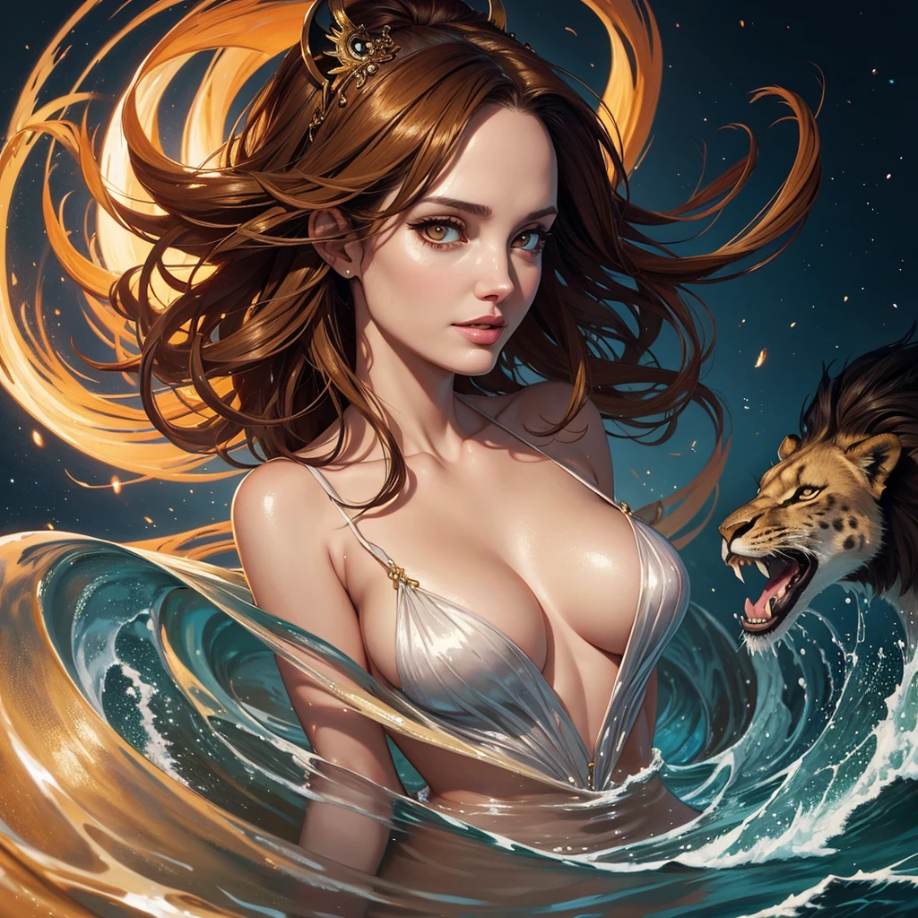 golden hour, front view oil painting of a woman with face of Winona Ryder morphed with Angelina Jolie laughing with gigantic hairdo floating on water, giraffe morphed with lion emerges from water in the background, tears of joy, storks, stunning digital illustration, beautiful fantasy art portrait, a beautiful artwork illustration, charlie bowater rich deep colors, artstyle tom bagshaw, beautiful digital illustration, beautiful fantasy portrait, portrait of a dark fantasy nymph, exquisite digital illustration, in style of anna dittmann