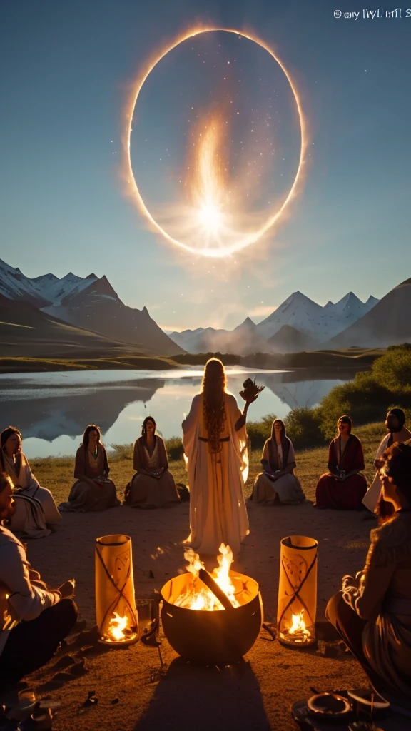 arafed woman in a white dress standing in front of a fire pit, people facing fire circle, a shaman holding up the universe, still from the movie the arrival, mystical setting, ayahuasca ceremony, still from a fantasy movie, film still from movie dune-2021, photo still of, a still of an ethereal, solstice fire