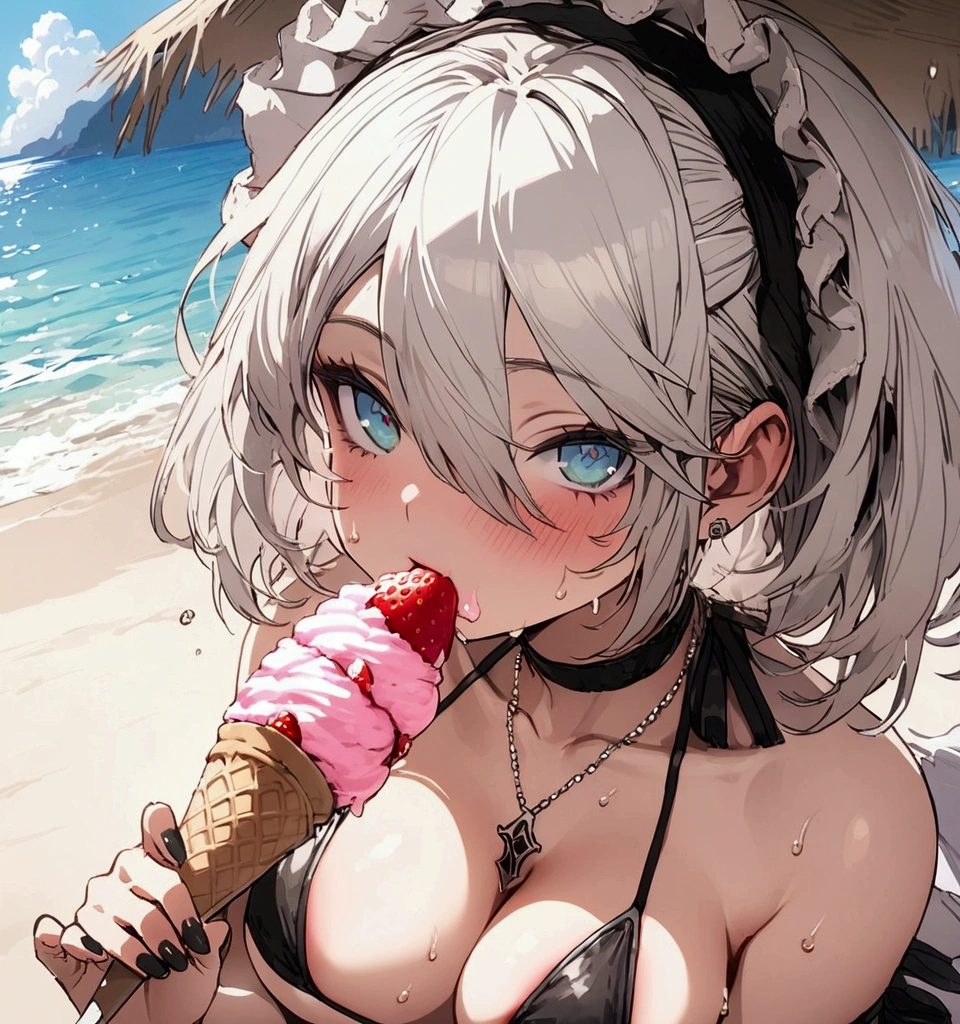 Best Quality, 2B Nier Automata, in mini bikini, voluptuous, eating strawberry ice cream, sweating a lot, on the beach