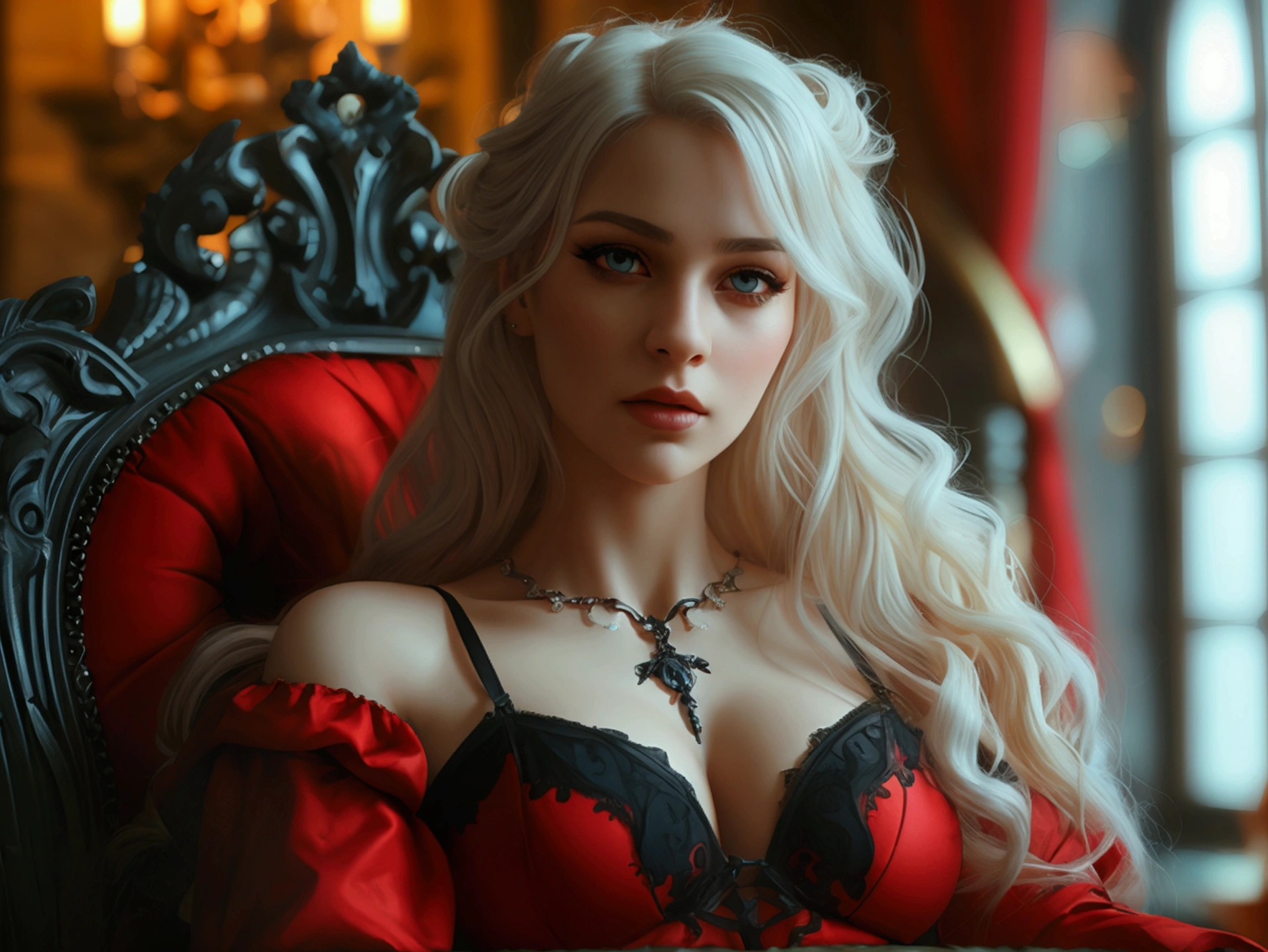 (best quality, photo-realistic:1.37), vibrant lighting, detailed female figure, long hair, Dynamic pose, body in action Canon 5D, 50mm lens, f/4 aperture, (ultra-detailed, complex detail), sharp focus, soft colors, 8k, absurd, 8mm film grain, Amazing realistic photography.elegant gothic queen, beautiful detailed eyes, beautiful detailed lips, extremely detailed eyes and face, long eyelashes, luxurious red lingerie, big breast, sexy pose, sitting on a dark fantasy throne, dramatic lighting, dramatic shadows, dark fantasy art, gothic fantasy art, neo art core style, art by charlie bowater, hyper detailed oil painting, realistic, photorealistic, 8k, best quality, ultra-detailed, physically-based rendering, vivid colors, moody dramatic lighting