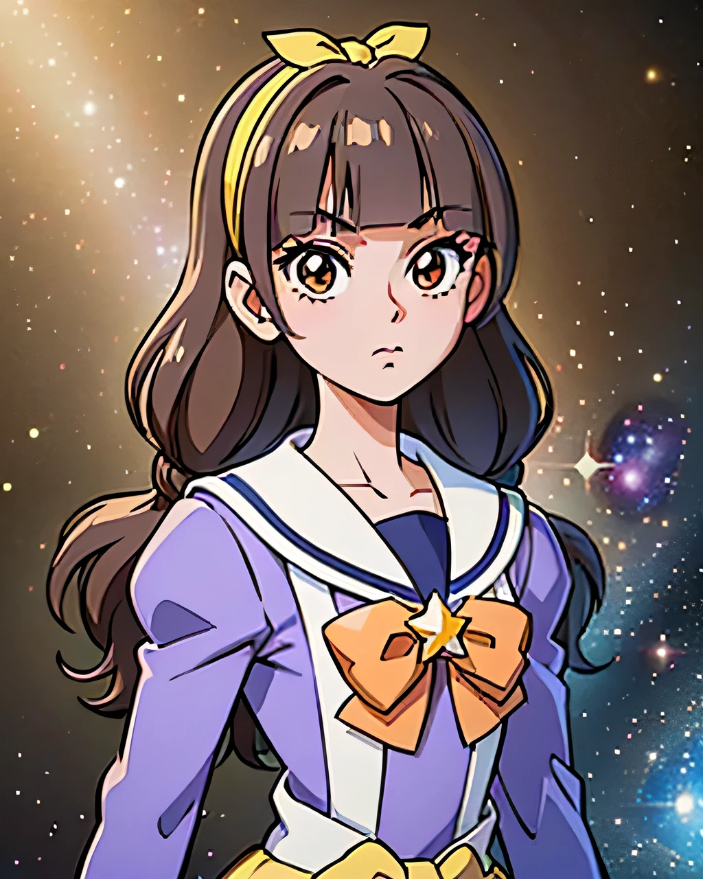 1 girl, (solo), ((amanogawaki)), best quality, highres, high quality, 8k, HD, super detail, anatomically correct, UHD, accurate, (masterpiece:1.0), (high quality:1.0), (ultra detailed), (Galaxy Background), ((Adult:1.2)), ((yellow hairband)), school uniform, long sleeves, bowtie, cartoon_portrait, (one bright cartoon star)