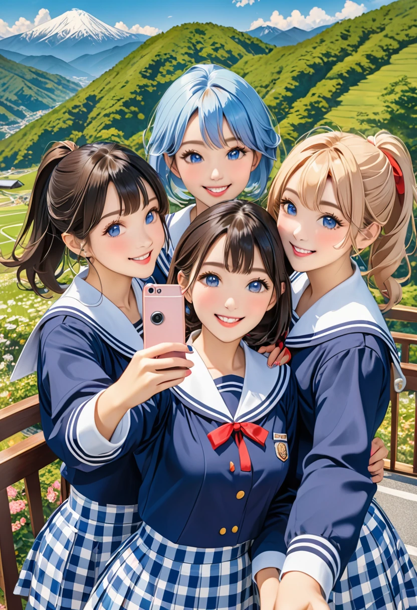 Highest quality、High resolution、Detailed Background、(Beautiful face in every detail:1.4)、Normal number of fingers、Highly detailed face、Detailed eyes、Teenage beauty、Huge breasts、Perfect body line、Light color hair、Bobcut、ponytail、Wavy Hairstyle、well-groomed eyebrows、Navy blue sailor suit、White sailor collar、Checkered pleated skirt、White Stockings、School trip、Natural beauty、historical charm、A big smile、smile、Toyama、Tateyama Kurobe Alpine Route、
(Three girls taking a selfie with a famous spot in the background:1.5)、

Tateyama Kurobe Alpine RouteはToyama県の立山連峰を貫く高山観光ルートです、Ropeway and Snow Valley etc.、A popular spot where you can experience the majestic nature、cute