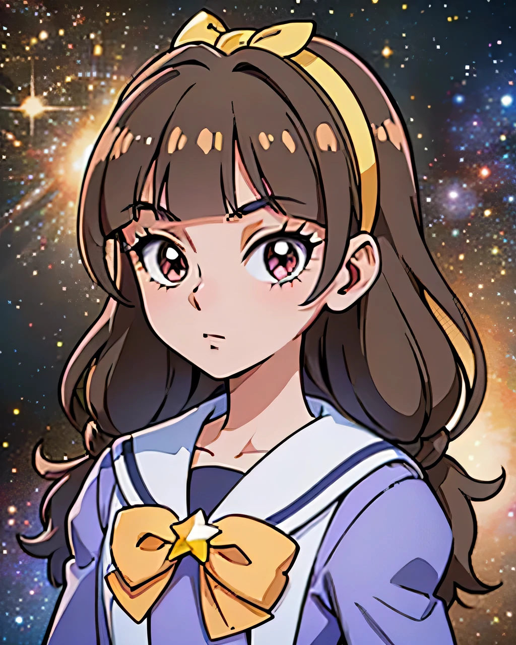 1 girl, (solo), ((amanogawaki)), best quality, highres, high quality, 8k, HD, super detail, anatomically correct, UHD, accurate, (masterpiece:1.0), (high quality:1.0), (ultra detailed), (Galaxy Background), ((Adult:1.2)), ((yellow hairband)), school uniform, long sleeves, bowtie, cartoon_portrait, (one bright cartoon star)