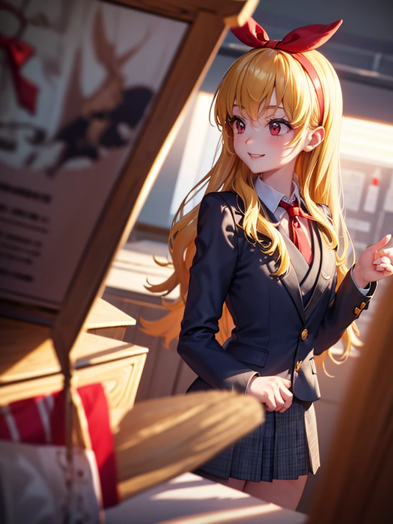 , (RED Ribbon on HAIRband:1.2),BlondeHAIR,from back,low angle,booty,((put on business suit jacket,business tight suit skirts)),leaning forward,business office ,vamp,smiling,(8k, RAW photo:1.2), highly detailed ,intricate detail ,masterpiece ,ultra-detailed,cute girl , soft cinematic light, intricate detail, sharp focus, high quality