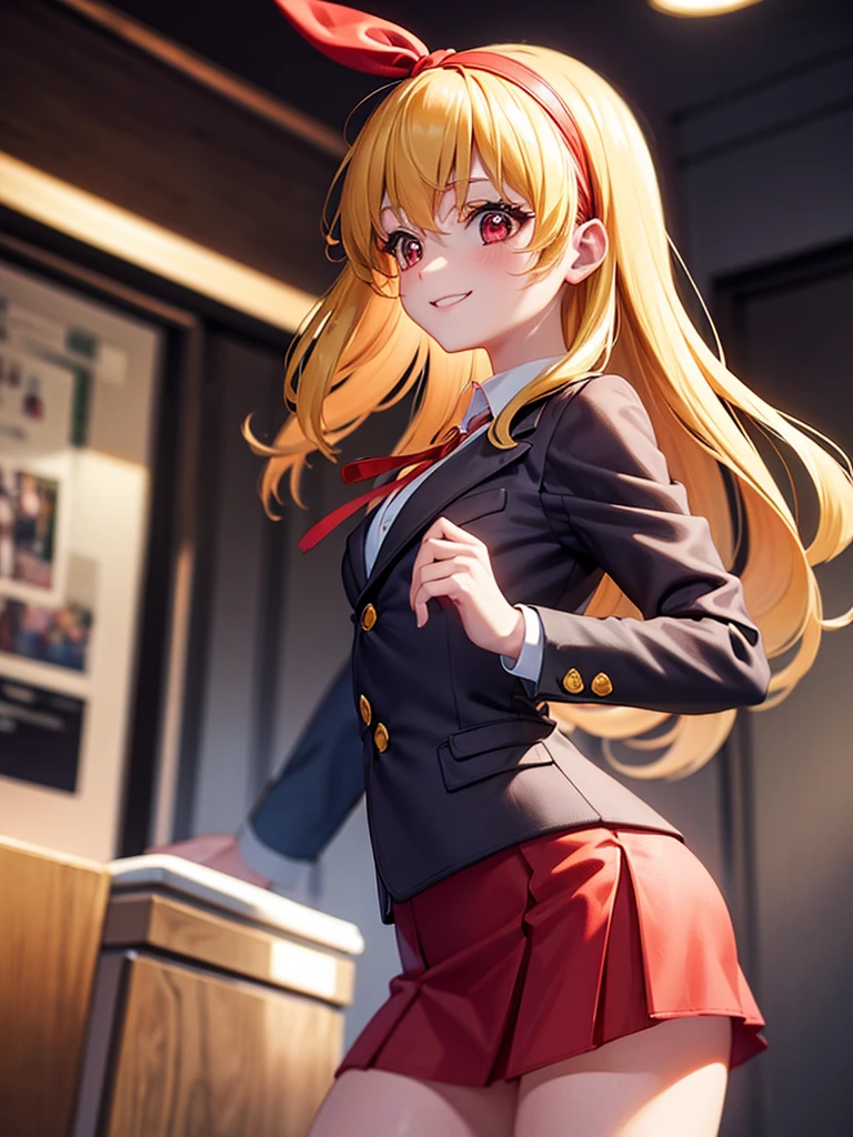 , (RED Ribbon on HAIRband:1.2),BlondeHAIR,from back,low angle,booty,((put on business suit jacket,business tight suit skirts)),leaning forward,business office ,vamp,smiling,(8k, RAW photo:1.2), highly detailed ,intricate detail ,masterpiece ,ultra-detailed,cute girl , soft cinematic light, intricate detail, sharp focus, high quality