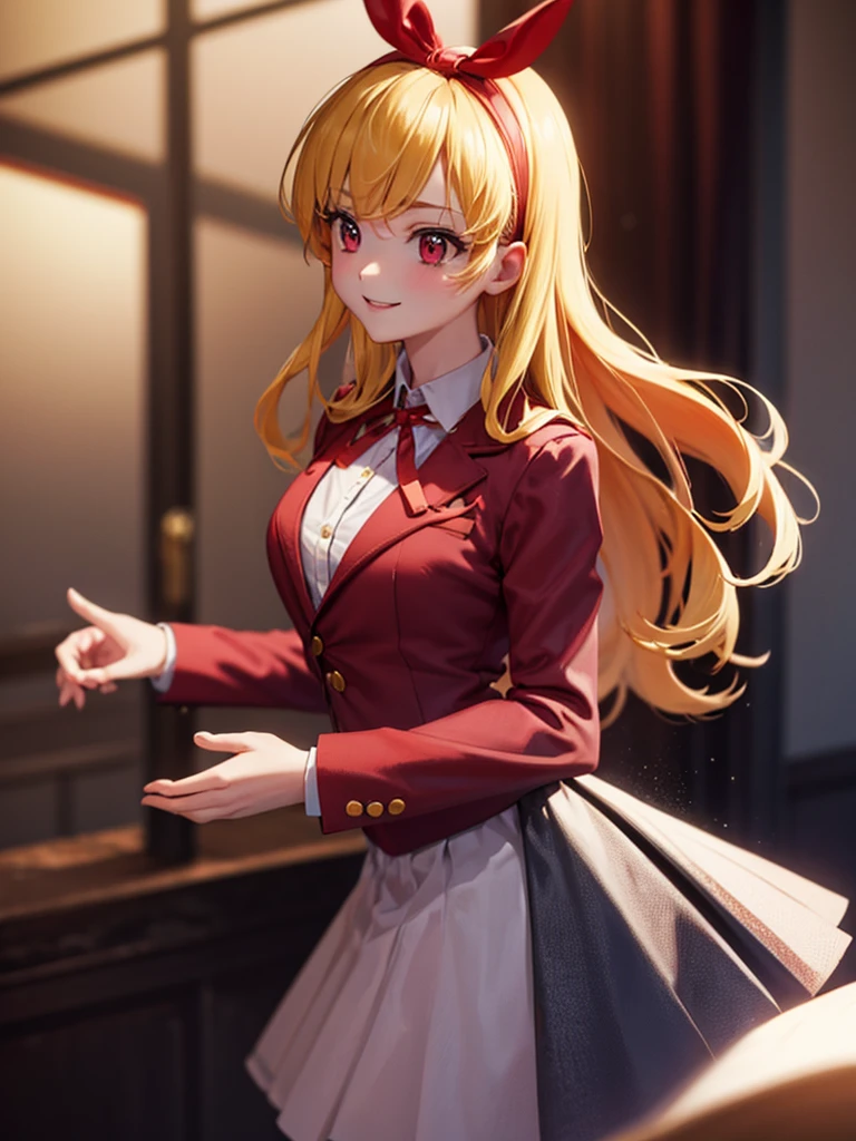 , (RED Ribbon on HAIRband:1.2),BlondeHAIR,from back,low angle,booty,((put on business suit jacket,business tight suit skirts)),leaning forward,business office ,vamp,smiling,(8k, RAW photo:1.2), highly detailed ,intricate detail ,masterpiece ,ultra-detailed,cute girl , soft cinematic light, intricate detail, sharp focus, high quality