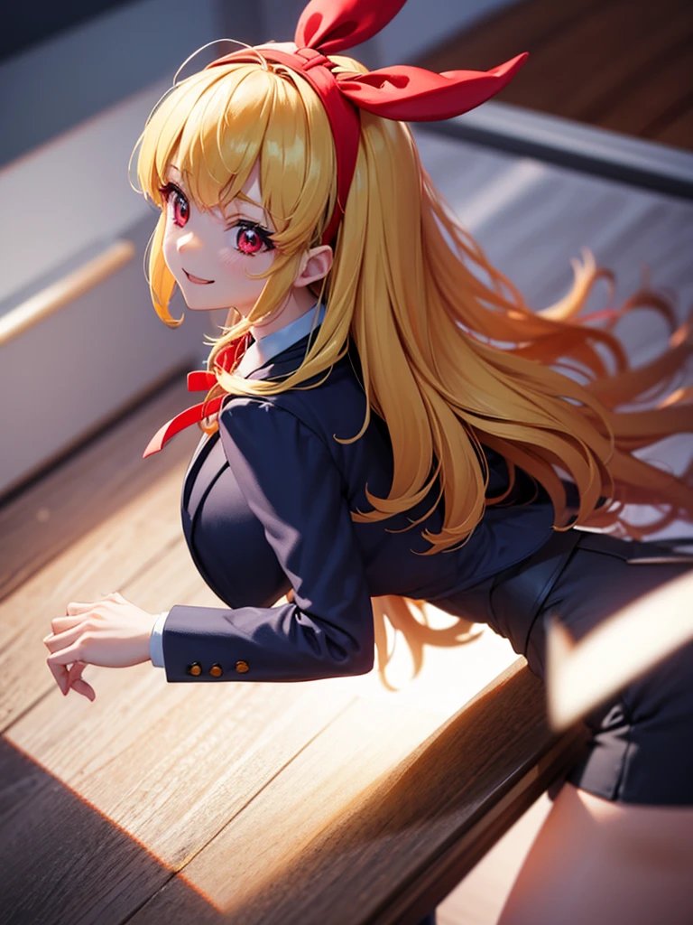 , (RED Ribbon on HAIRband:1.2),BlondeHAIR,from back,low angle,booty,((put on business suit jacket,business tight suit skirts)),leaning forward,business office ,vamp,smiling,(8k, RAW photo:1.2), highly detailed ,intricate detail ,masterpiece ,ultra-detailed,cute girl , soft cinematic light, intricate detail, sharp focus, high quality