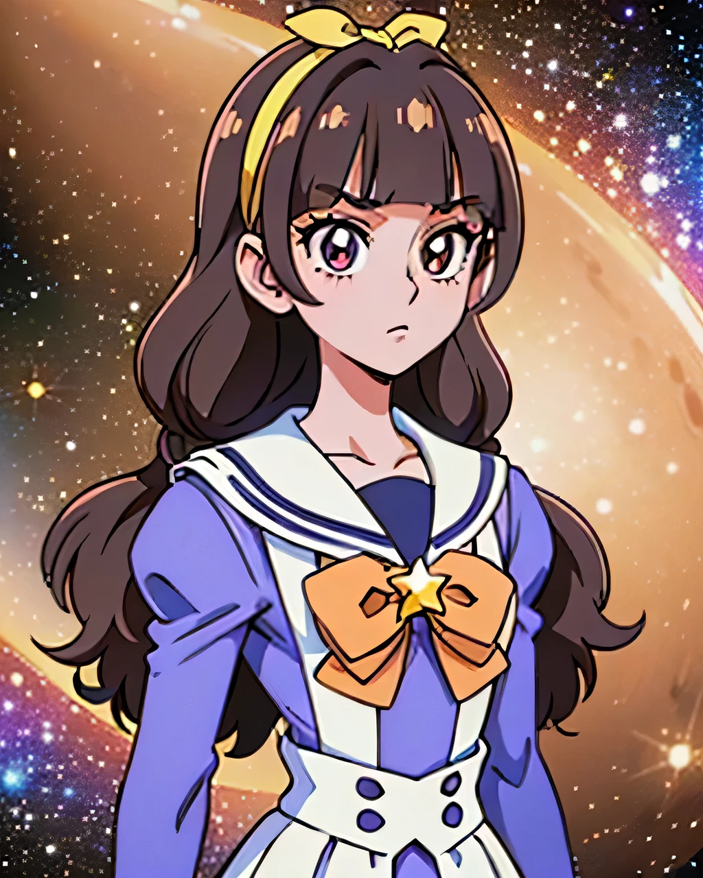 1 girl, (solo), ((amanogawaki)), best quality, highres, high quality, 8k, HD, super detail, anatomically correct, UHD, accurate, (masterpiece:1.0), (high quality:1.0), (ultra detailed), (Galaxy Background), ((Adult:1.2)), ((yellow hairband)), school uniform, long sleeves, bowtie, cartoon_portrait, (one bright cartoon star)