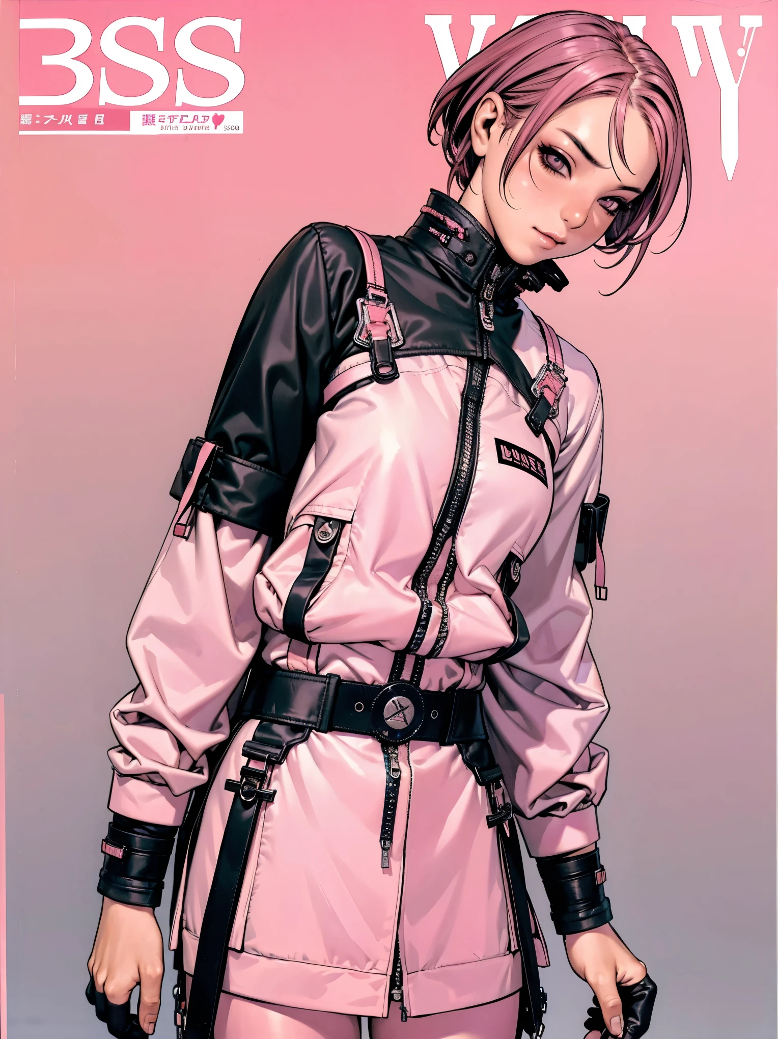 (((best qualityer))), (((manga strokes))), (((pink punk hair))), jacket with rivets and screws, uma Kizi jovem muito bem vestida com roupas modernas de inverno, pants with red and black zig-zag pattern, top gift vertical stripes, short jacket with dark fur collar, beautiful and expressive face, slightly-smile, big eyes with long black eyelashes, heavy make-up, chains and zippers spread across clothes, contrasting colours, pose de atitude, hair with a modern and futuristic cut, urban game poster art, dramatic camera angles, graffiti art elements in the background, design mixing contemporary and retro by Shepard Fairey, (((cowboy shot))), (((best qualityer: 1.4))), (Unbeatable masterpiece), (hiper HD),(CG 8k hyper-realistic), Kizi, (((standing alone))), pirralha violent, (((14歳))), sexly, pose de atitude, work of art, post-apocalypse, (((manga style))), bounty hunter, violent, Manic, the way you want, slenderbody, thin but strong, perfectbody, roupa moderna, advanced technology, neon, sleeves with vertical striped pattern, neutral background, (( cowboy shot )). intricate visual