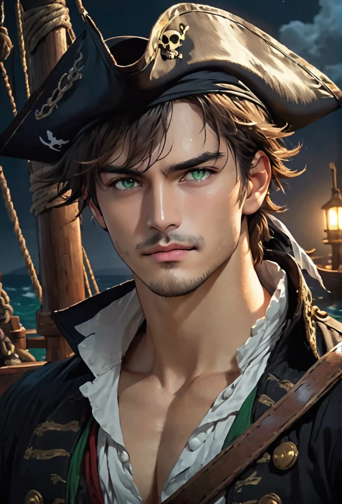 (absurdres, highres, ultra detailed), 1 male, mature, manly, tall muscular, handsome, finely detailed eyes, intricate details, (dark:0.8) skin,  (battlescars:0.7), looking up, solo, upper body, detailed background, sinister smile,  outlaw, elaborate pirate captain outfit, tattoos, pirate fantasy theme, high seas, wooden deck of a ship,  kraken, cannons,   gunpowder, muskets, floating debris, pirate battle,   raining, tropical beach, pirate hideout, pier, docks, shacks, camp,    calm,   pirate ship on shore, loot, compass,  rum,  treasure, cannonballs,