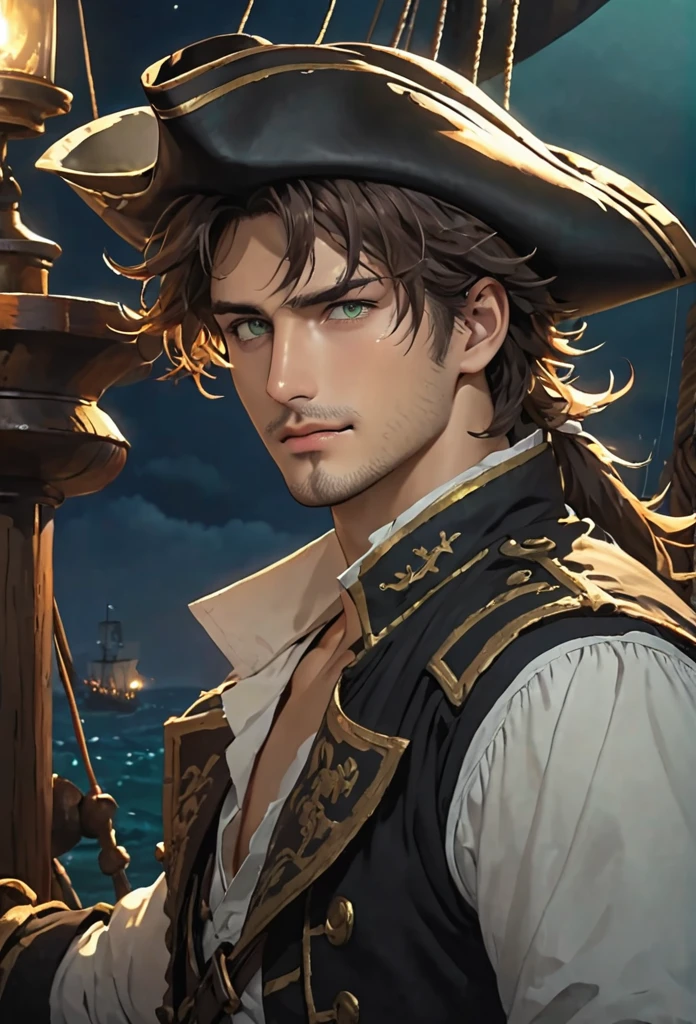 {{upper body}} {{Artist: sincos}} 1 man, rough and cheeky male, dark brown hair, medium messy hair, light green eyes, sharp jawline, very handsome, little face hair, lithe body, broad shoulders, muscular, pirate clothes, pirate hat, captain, pirate ship, dark ambiance, darkworld fantasy, night, sea, good quality.