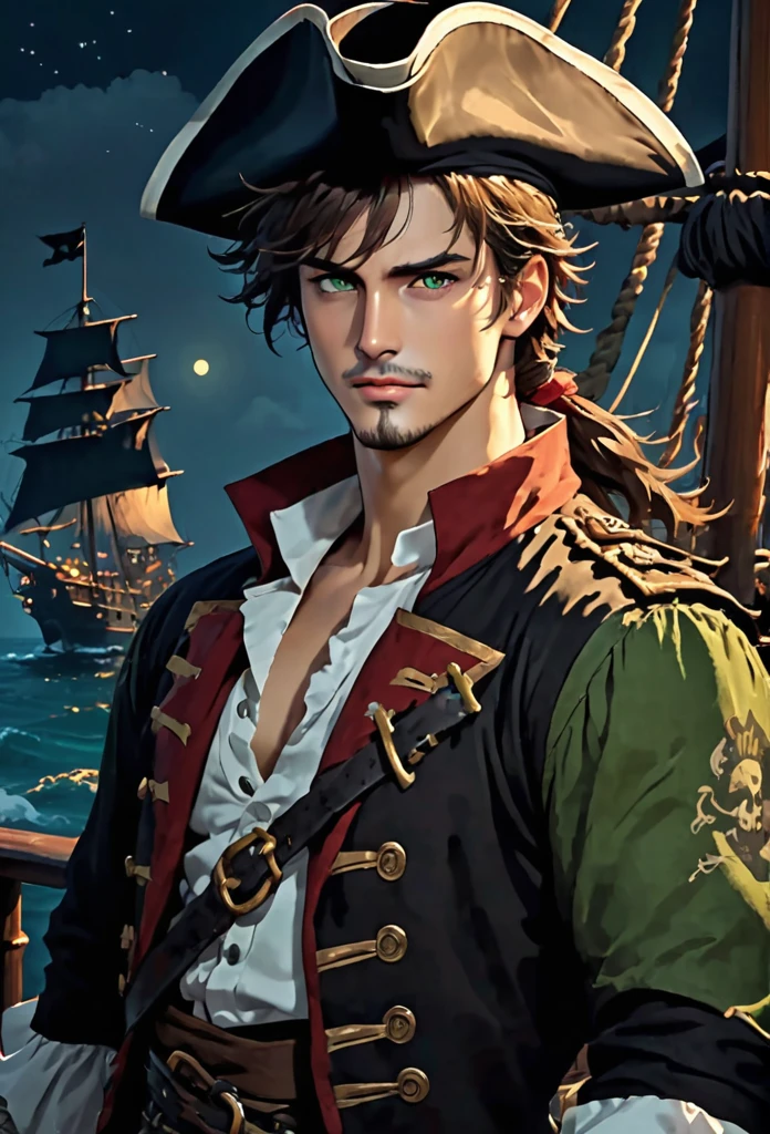{{upper body}} {{Artist: sincos}} 1 man, rough and cheeky male, dark brown hair, medium messy hair, light green eyes, sharp jawline, very handsome, little face hair, lithe body, broad shoulders, muscular, pirate clothes, pirate hat, captain, pirate ship, dark ambiance, darkworld fantasy, night, sea, good quality.
