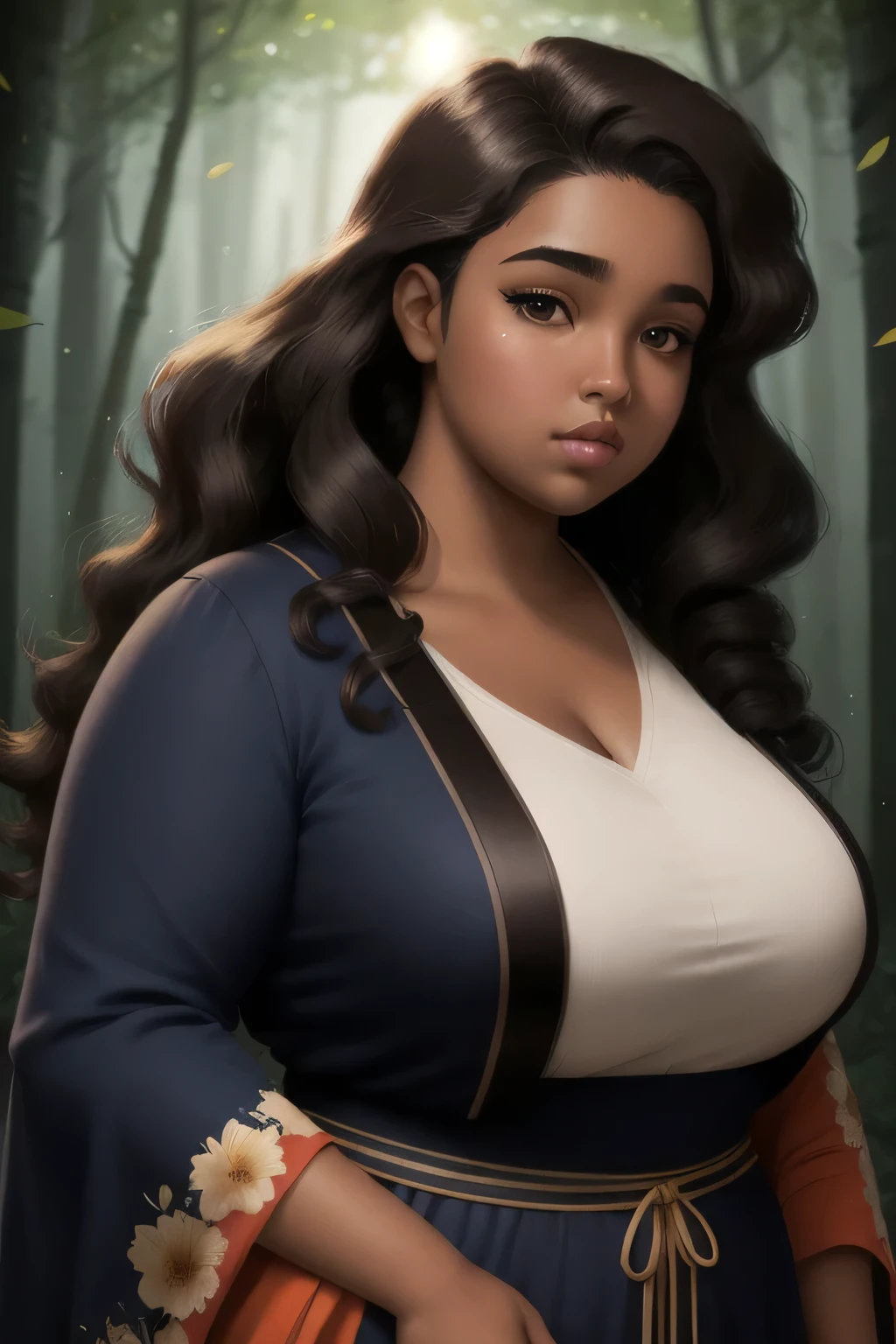 Anime illustration semi-realism of brown skin latina girl, 25 year old, plus size, curvy, overweight, black round eyes, black curly hair, full lips, sleek design, brown skin, sideswept hairstyle, round face, fantasy mage blue outfit robes, flower hem on clothing, flower forest background, dynamic light,