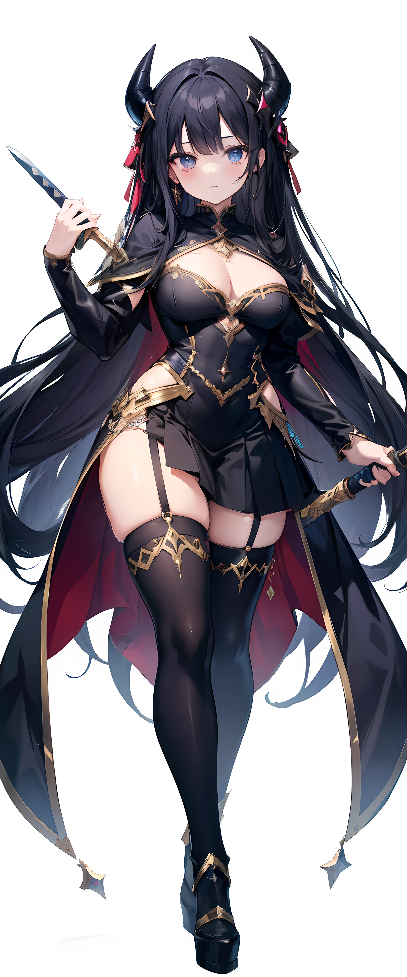 Fullbody, ager,head to toe capture on the frame,thick thighs, ULTRA, HQ, best quality, seductive lady wearing costume and holding a sword, magical, magic, RPG, FANTASY, sfw, cute, kawaii, devil horns, long black hair, blue eyes, fantasy theme, rpg theme, innocent,white background 