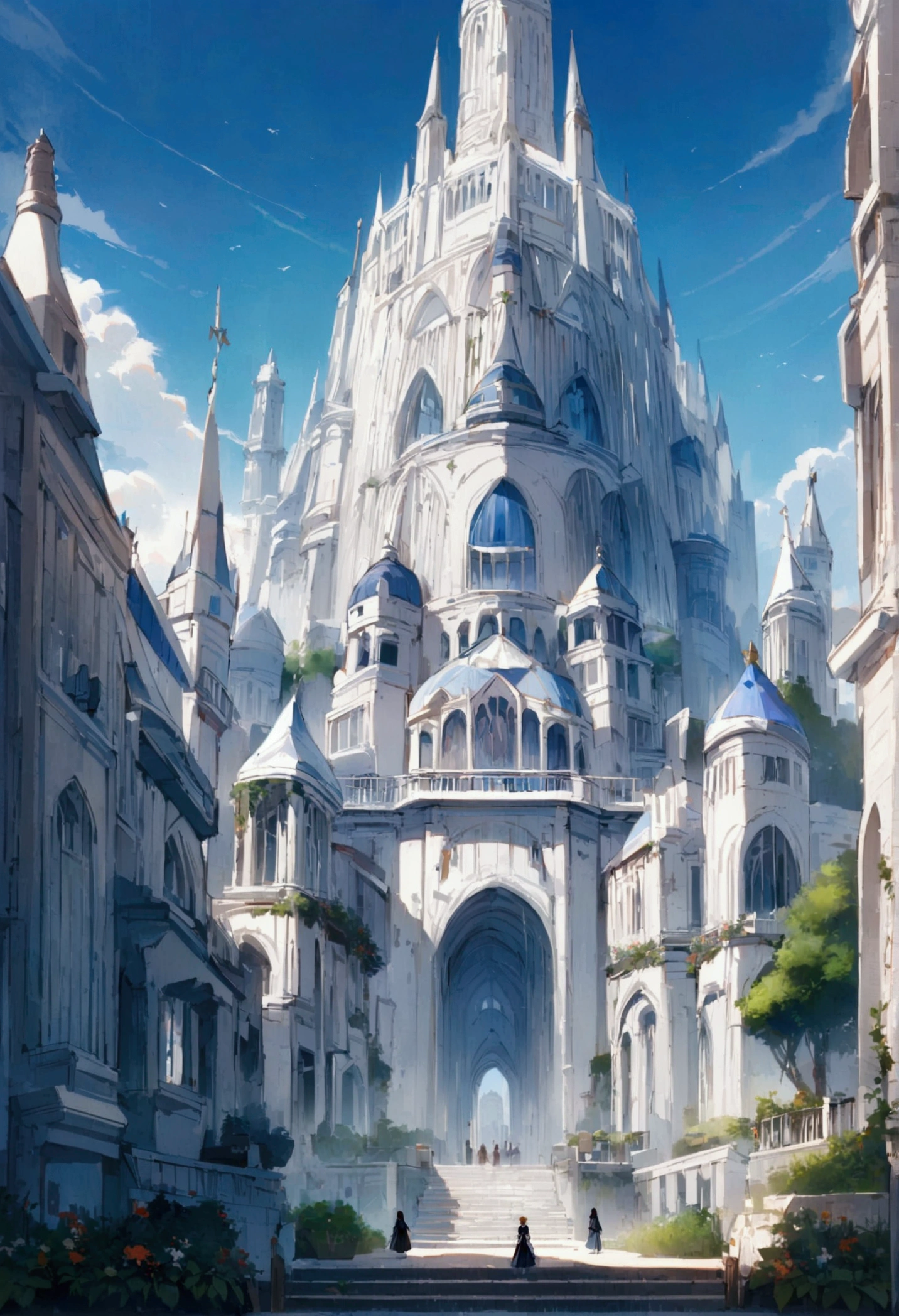 Masterpiece, High quality, High quality of art, best quality, best details, 1boy, fluffy orange hair, blue eyes, In white Heaton, a white city, a blue sky, full of inhabitants around, the inhabitants bow to him, Wreath of lilies, The white city of the elves, Walking along the main street of the city, there are many plants in the city, prince, A gold earring with a diamond on the left ear, in princess dress, small boy breast, boy, no female, 172 centimeters tall