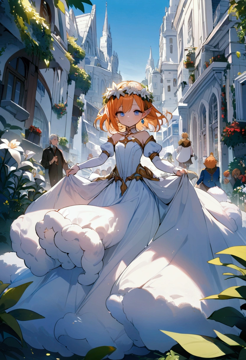 Masterpiece, High quality, High quality of art, best quality, best details, 1boy, fluffy orange hair, blue eyes, In white Heaton, a white city, a blue sky, full of inhabitants around, the inhabitants bow to him, Wreath of lilies, The white city of the elves, Walking along the main street of the city, there are many plants in the city, prince, A gold earring with a diamond on the left ear, in princess dress, small boy breast, boy, no female, 172 centimeters tall 