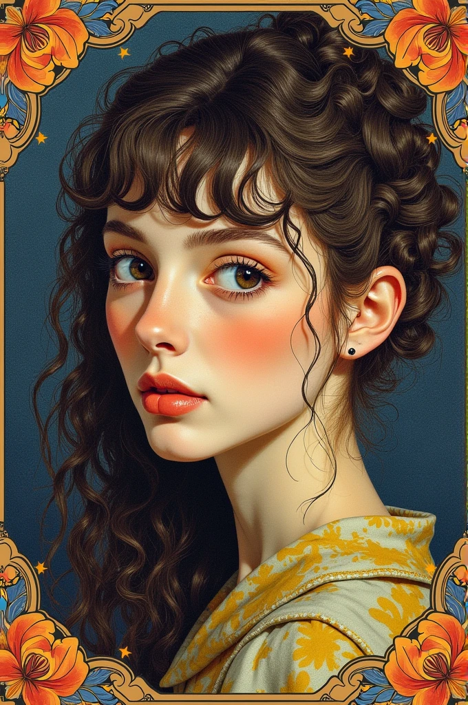 facial portrait of a european woman , detail on the face, face side view, Focus on the face, long curly hair , hair with bangs, floral frame, decorative panels, artistic by Vincent Van Gogh, Van Gogh (work of art, best qualityer, high resolution:1.4), detailded, details Intricate, 4K, color splashing, line art)