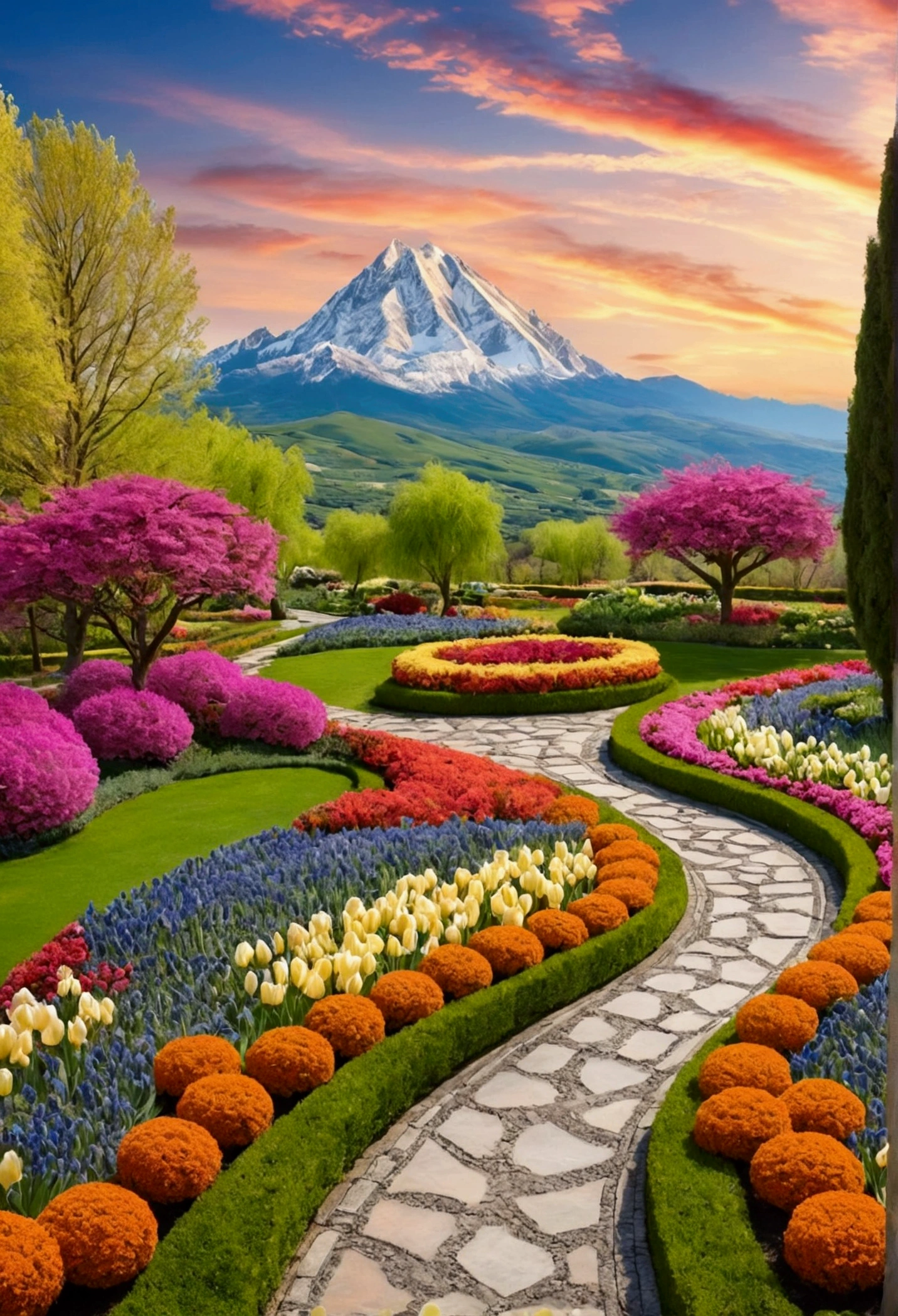 A magical landscape of wonderful colorful gardens like wonderland sorted out high like mountains bright sky and calming spring atmosphere