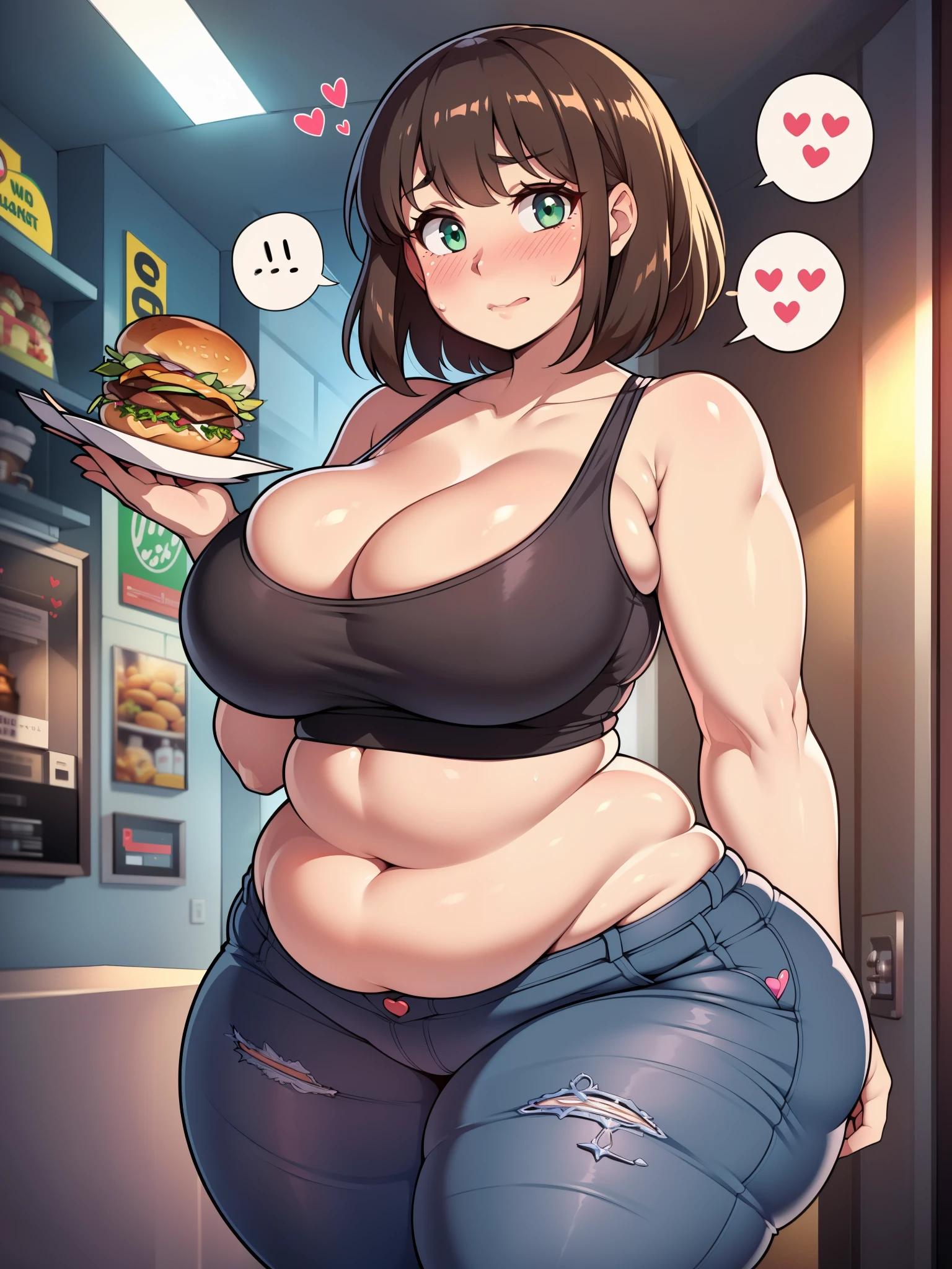 ((highres)), Masterpiece, high quality, best quality, beautiful, perfect lighting, detailed face, ultra cute face, ((1girl)), ((blush)), ((blush)), embarrassed, looking at viewer, skindentation, short brown hair, fluffy hair, green eyes, jeans, tank top, tight clothes, full body, fast food restaurant, medium breasts, perky breasts, cleavage, ((wide hips)), ((massive thighs)), ((plump)), chubby belly, fat folds, standing, (arms behind back), looking at viewer, spoken heart,