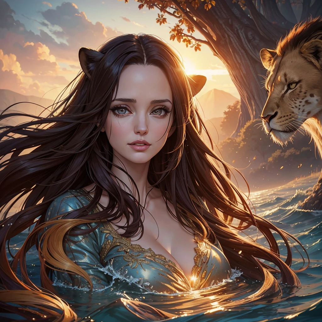 golden hour, front view oil painting of a woman with face of Winona Ryder morphed with Angelina Jolie laughing with gigantic hairdo floating on water, giraffe morphed with lion emerges from water in the background, tears of joy, storks, stunning digital illustration, beautiful fantasy art portrait, a beautiful artwork illustration, charlie bowater rich deep colors, artstyle tom bagshaw, beautiful digital illustration, beautiful fantasy portrait, portrait of a dark fantasy nymph, exquisite digital illustration, in style of anna dittmann