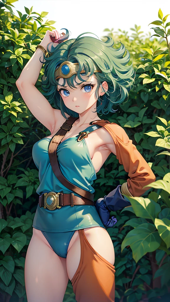 (((SFW、sound、Highest quality、First class work、Normal body、、Detailed face、Ultra-precision、Normal hand、通常のrefer to、5refer to、Highest)))、beautiful girl、Black Hair、yamato nadeshiko、Small breasts、Shortcuts、Blue leotard、Shoulder Off、Black paleo skirt、Red Cape、Circlet、Bastard sword、shield、Dragon Quest、grassland、Depict every detail、Noise is kept to a minimum、(((Put your hands on your head、Place your hands on your hips、Hands folded in front)))、(((Anatomically correct)))