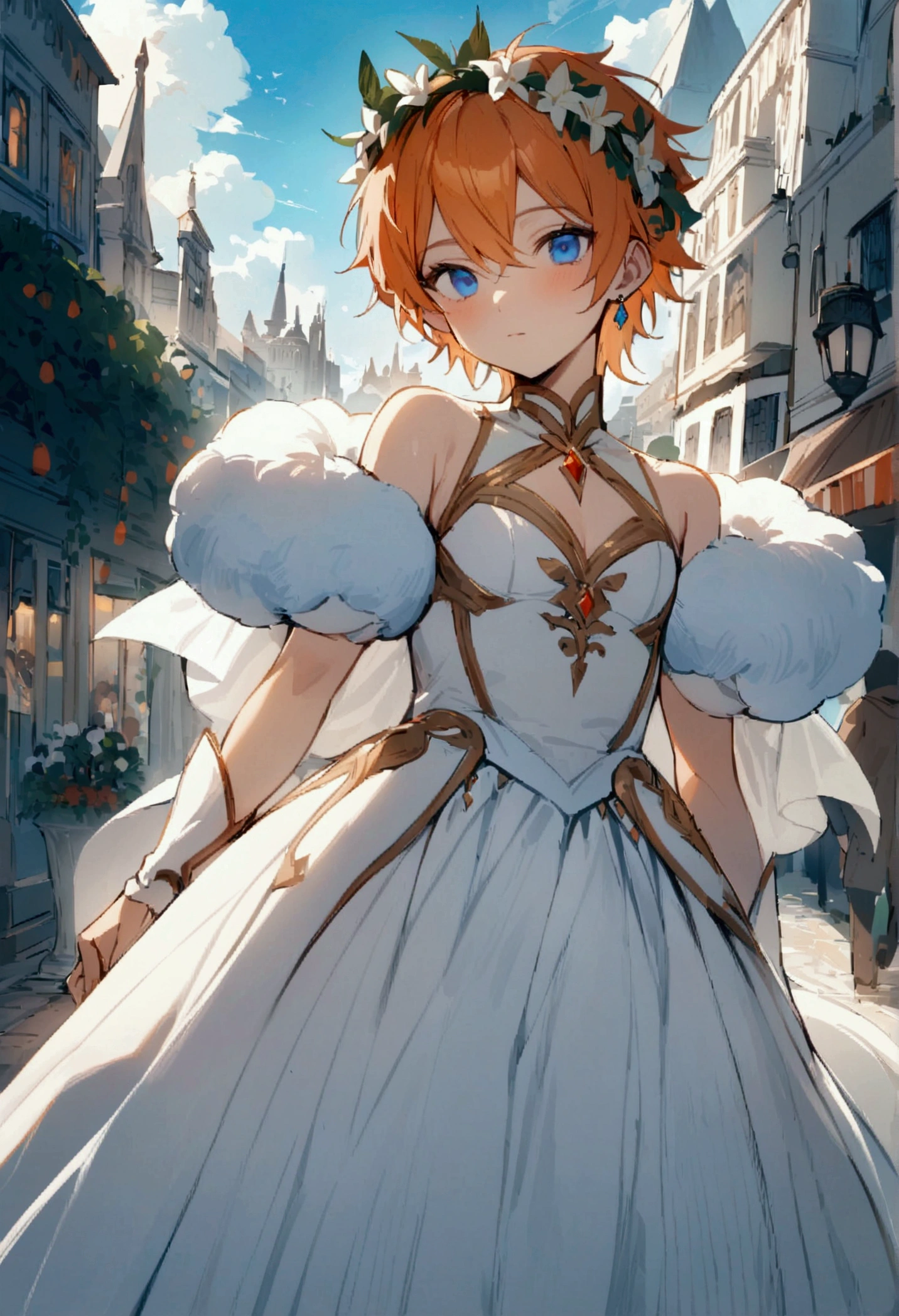 Masterpiece, High quality, High quality of art, best quality, best details, 1boy, fluffy orange hair, blue eyes, In white Heaton, a white city, a blue sky, full of inhabitants around, the inhabitants bow to him, Wreath of lilies, The white city of the elves, Walking along the main street of the city, there are many plants in the city, prince, A gold earring with a diamond on the left ear, in princess dress, small boy breast, boy, no female, almost adult 