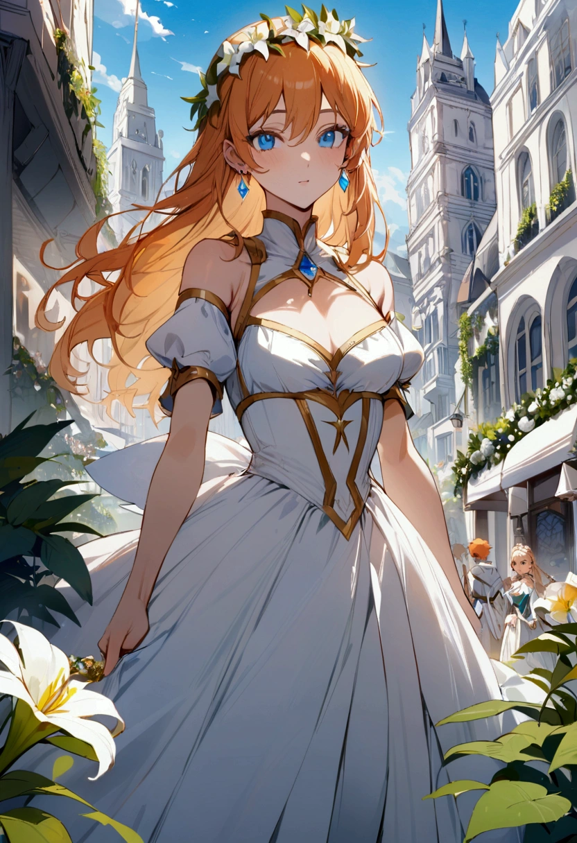 Masterpiece, High quality, High quality of art, best quality, best details, 1boy, fluffy orange hair, blue eyes, In white Heaton, a white city, a blue sky, full of inhabitants around, the inhabitants bow to him, Wreath of lilies, The white city of the elves, Walking along the main street of the city, there are many plants in the city, prince, A gold earring with a diamond on the left ear, in princess dress,  boy breast, boy, no female, almost adult 