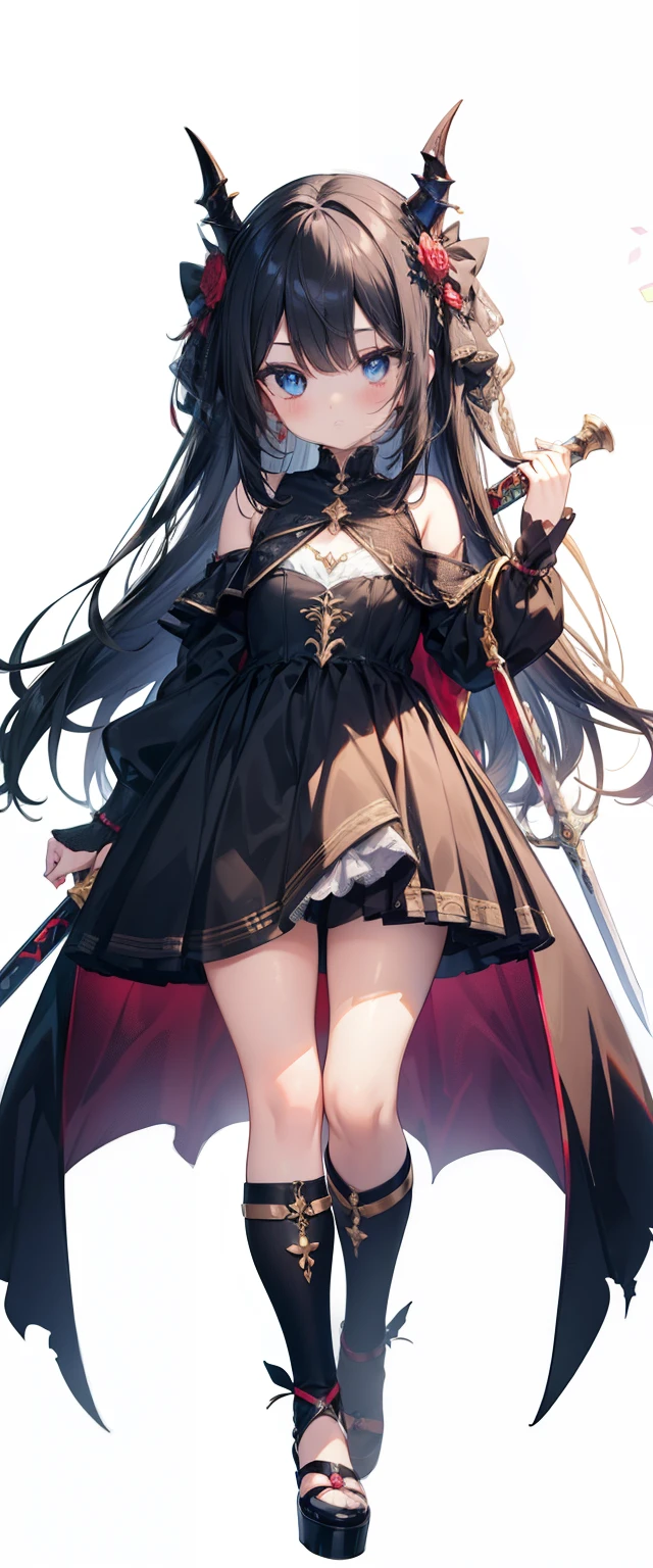 Loli,child, loli,loli,child,Fullbody,head to toe capture on the frame,thick thighs, ULTRA, HQ, best quality, seductive lady wearing costume and holding a sword, magical, magic, RPG, FANTASY, sfw, cute, kawaii, devil horns, long black hair, blue eyes, fantasy theme, rpg theme, innocent,white background