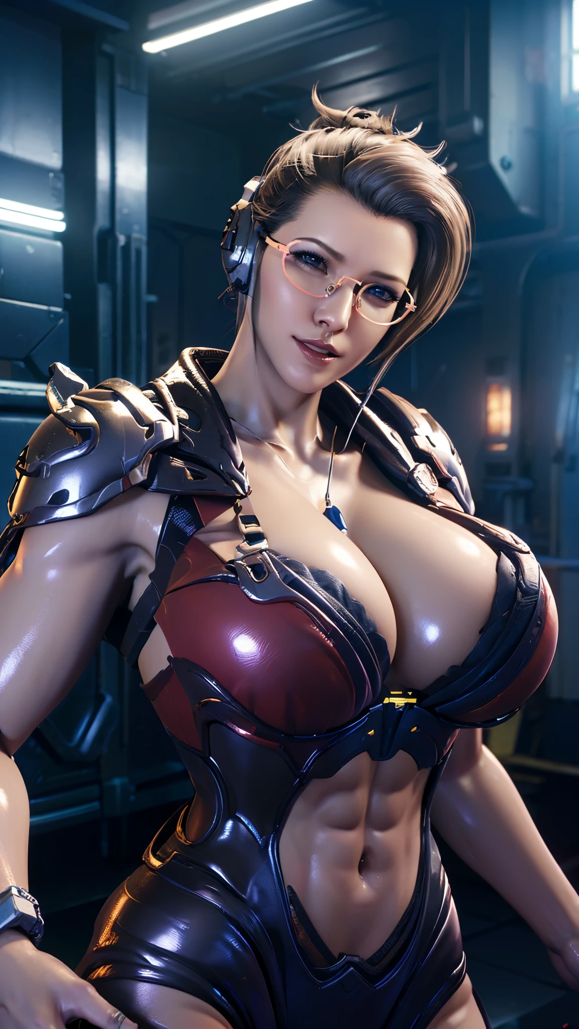 vonnyfelicia, CLOSE UP UPPER BODY,solo, COWBOY SHOT, ((SPORT GLASSES, E-SPORT HEADPHONE, WAVY BLODE HAIR:1.4)), (GIGANTIC FAKE BREASTS, SOFT CLEAVAGE, 11 LINE ABS:1.5), (SKINTIGHT SHINY MECHA BODY METALIC ARMORED BY OVERWATCH 2:1.5), (MUSCULAR BUSTY BODY SHAPE:1.5), (CLEAN GLOSSY BODYSKIN:1.5), (LOOKING AT VIEWER:1.6), (BACKGROUND FUTURISTIC SPACE STATION:1), (Photorealsitic:1.5), (Ultra-detail), (TOP-QUALITY), (BEST SHADOWS), BRIGHT LIGHT IN ROOM, HYPER TEXTURE, (4X MSAA), ((UNREAL ENGINE 5 RENDER)), (NEON), PHYSICALLY-BASED RENDERING, ULTRA HIGHT DEFINITION, 16K, 1080P.