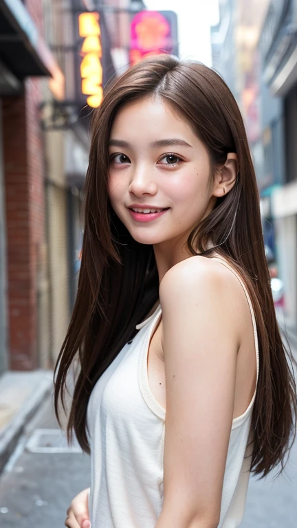 (((Face close-up)))、(((Brown straight hair)))、(((She is photographed with the backdrop of a New York alleyway、Posing like a model at a hair salon。.)))、(((She is wearing casual clothes suitable for early summer..。shoulders are hidden)))、(Natural laughter:1.25)、Half Japanese, Half Korean、18-year-old girl、Independent、I'm looking forward to、Light eye makeup、Brown Hair Color、Flat 、Hair blowing in the wind、Quality of actress、Shiny, Ultra-realistic faces、smile、Watery eye、look up、Subtle lighting effects、 Ultra-Realistic Capture、Very detailed、High resolution 16K human skin closeup。Skin texture must be natural、The detail must be such that the pores are clearly visible.、skin is healthy、Even Tone、Use natural light and colour、Worn out, High quality photos taken by modeling agencies'In-house photographer.、smile、(((Sigma 300mm F/1.4,1/1000 sec shutter,ISO400)))、The background is F-stop 1...4 is blurry