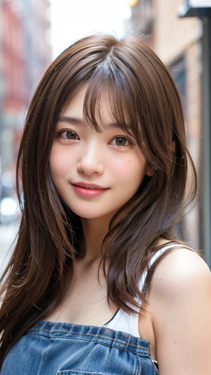 (((Face close-up)))、(((Brown straight hair)))、(((She is photographed with the backdrop of a New York alleyway、Posing like a model at a hair salon。.)))、(((She is wearing casual clothes suitable for early summer..。shoulders are hidden)))、(Natural laughter:1.25)、Half Japanese, Half Korean、18-year-old girl、Independent、I'm looking forward to、Light eye makeup、Brown Hair Color、Flat 、Hair blowing in the wind、Quality of actress、Shiny, Ultra-realistic faces、smile、Watery eye、look up、Subtle lighting effects、 Ultra-Realistic Capture、Very detailed、High resolution 16K human skin closeup。Skin texture must be natural、The detail must be such that the pores are clearly visible.、skin is healthy、Even Tone、Use natural light and colour、Worn out, High quality photos taken by modeling agencies'In-house photographer.、smile、(((Sigma 300mm F/1.4,1/1000 sec shutter,ISO400)))、The background is F-stop 1...4 is blurry