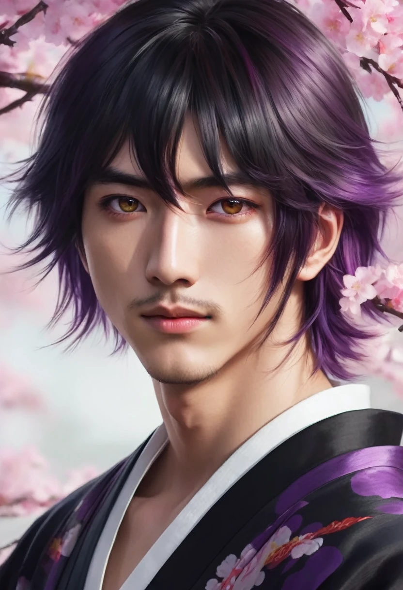 I want a young Japanese man, he has heterochromia, one eye is green and the other is purple, red hair color, and have a naughty smile, make him wearing a black and purple kimono. Um retrato realista, full hd 4k.