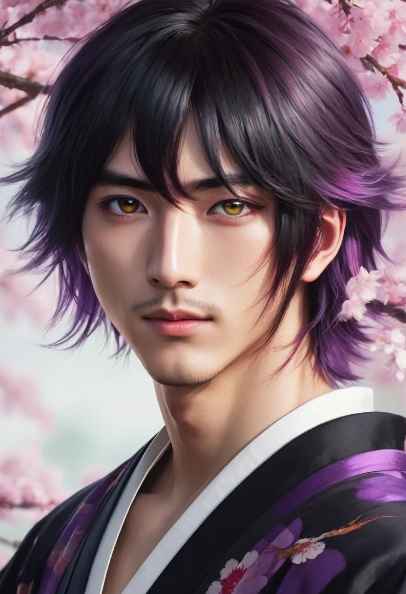 I want a young Japanese man, he has heterochromia, one eye is green and the other is purple, red hair color, and have a naughty smile, make him wearing a black and purple kimono. Um retrato realista, full hd 4k.