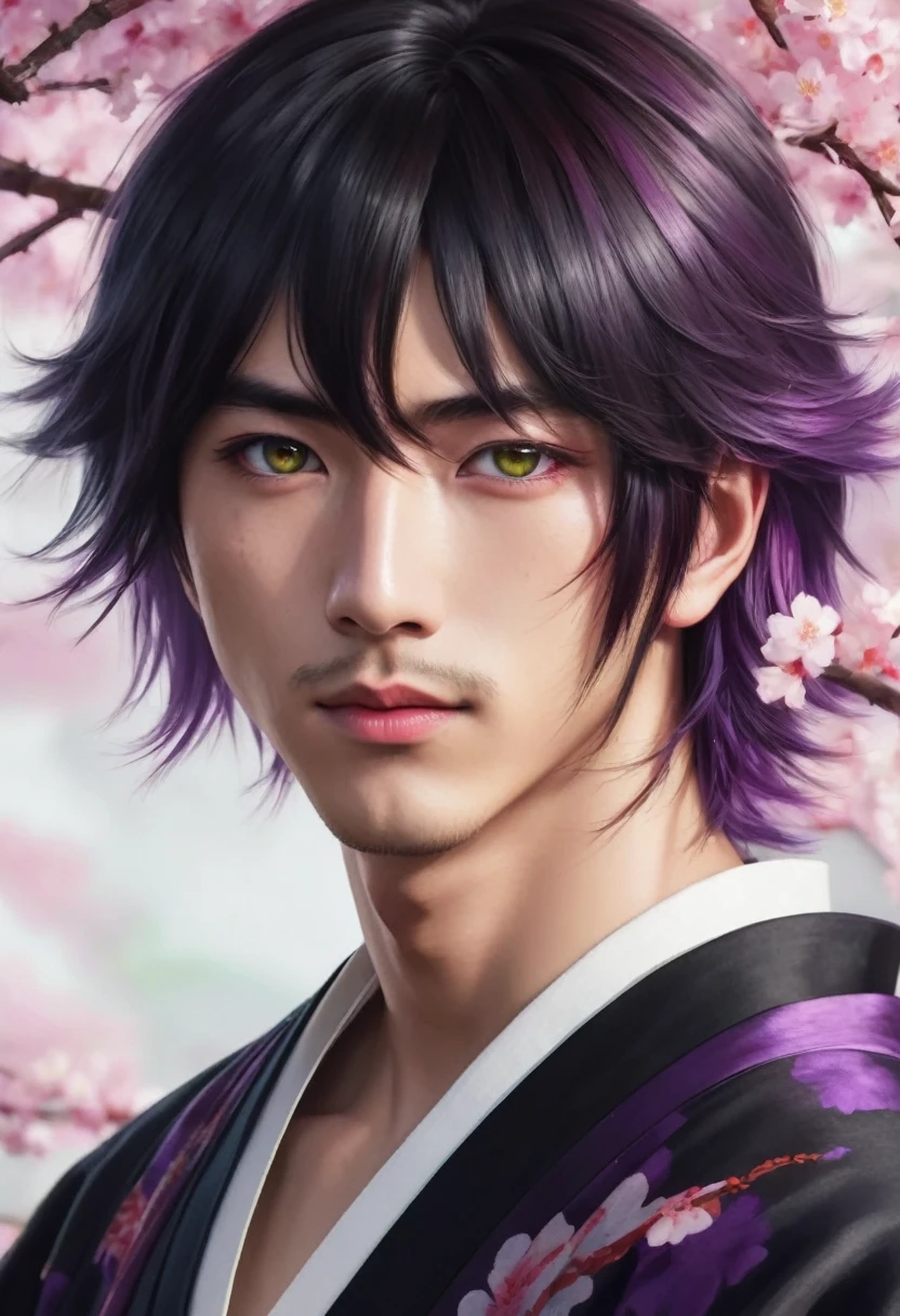 I want a young Japanese man, he has heterochromia, one eye is green and the other is purple, red hair color, and have a naughty smile, make him wearing a black and purple kimono. Um retrato realista, full hd 4k.