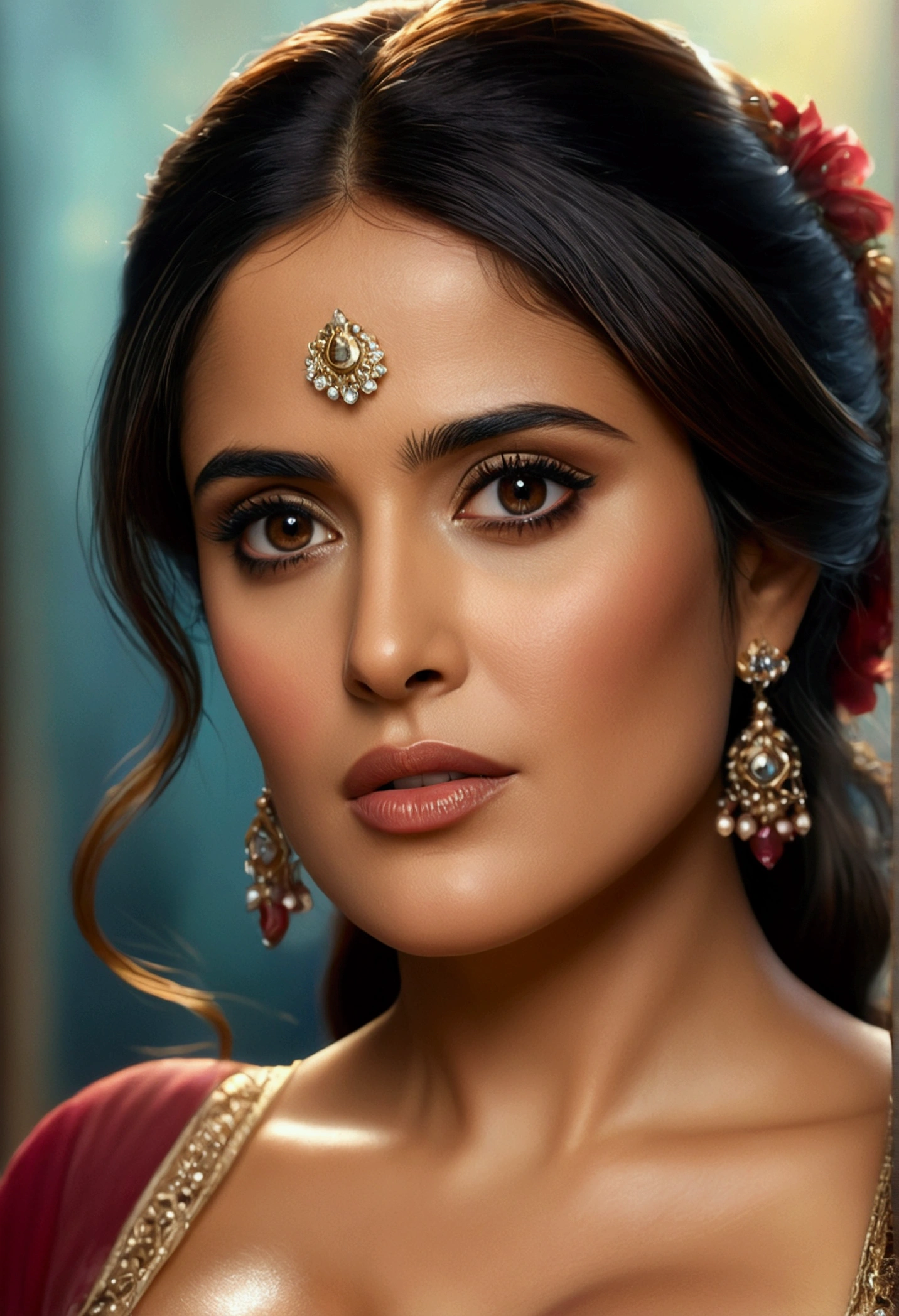 (Salma Hayek), beautiful detailed eyes, beautiful detailed lips, extremely detailed eyes and face, long eyelashes, 1girl, princess, large breasts, fantasy, fairy tale, magical, ethereal, soft lighting, warm colors, cinematic, digital painting, concept art, (best quality,4k,8k,highres,masterpiece:1.2),ultra-detailed,(realistic,photorealistic,photo-realistic:1.37)