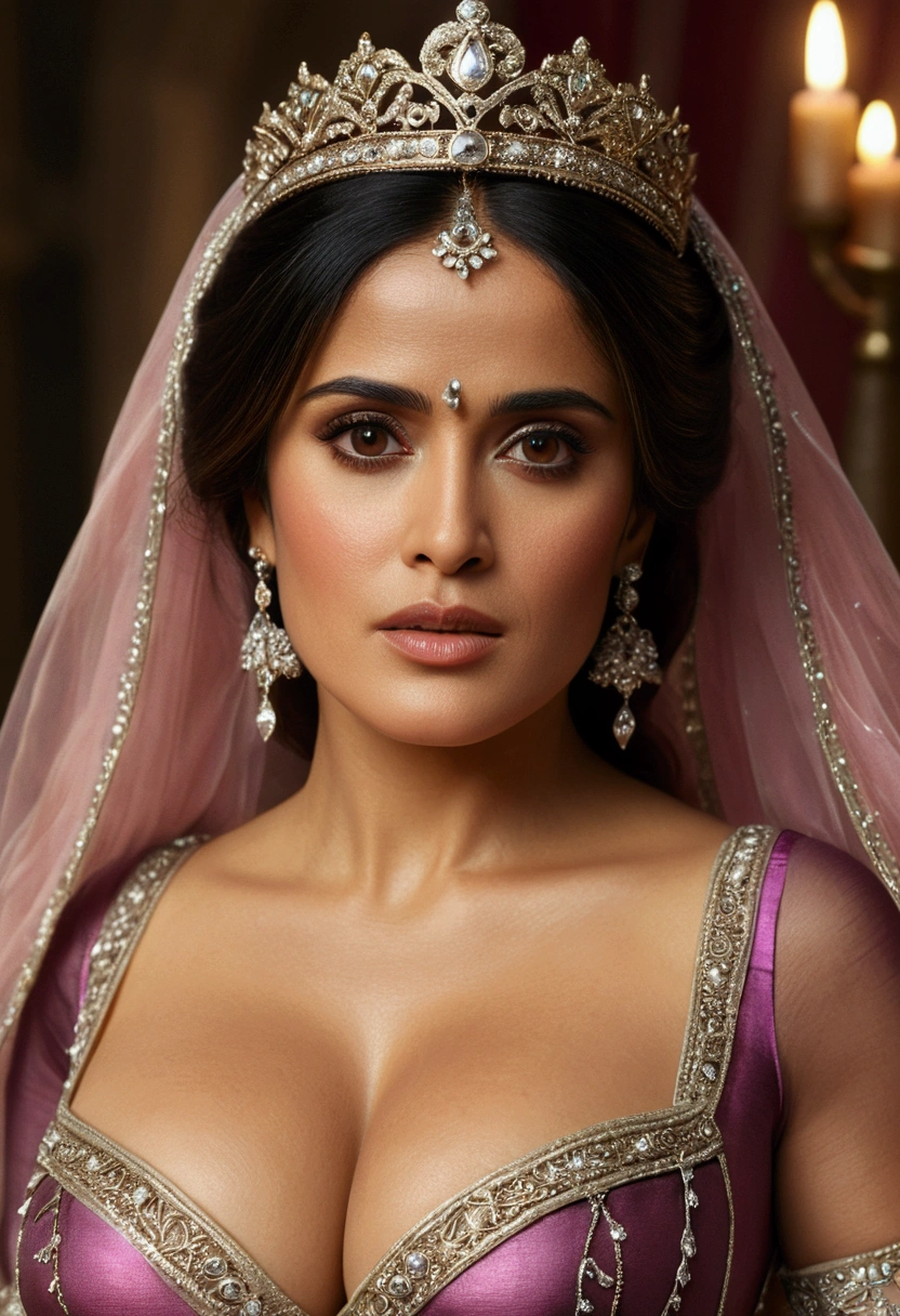 (Salma Hayek), beautiful detailed eyes, beautiful detailed lips, extremely detailed eyes and face, long eyelashes, 1girl, princess, large breasts, fantasy, fairy tale, magical, ethereal, soft lighting, warm colors, cinematic, digital painting, concept art, (best quality,4k,8k,highres,masterpiece:1.2),ultra-detailed,(realistic,photorealistic,photo-realistic:1.37)