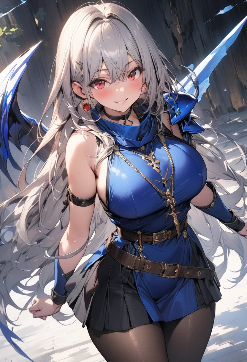 (masterpiece),(best quality),(ultra-detailed),(best illustration),(best shadow),(absurdres),(detailed background),(very aesthetic), Swordmaster, long hair, gray hair, red eyes, perfect face, blue_armor, ((exposed arm)), blue_ornaments, blue_tabard, thong, belt, ((big tits)), exposed belly, smiling, 1girl, legs exposed, strikes, Perfect face, thick thighs, ,add_detail:1, add_detail:0, add_detail:0.5, short skirt, pantyhose,